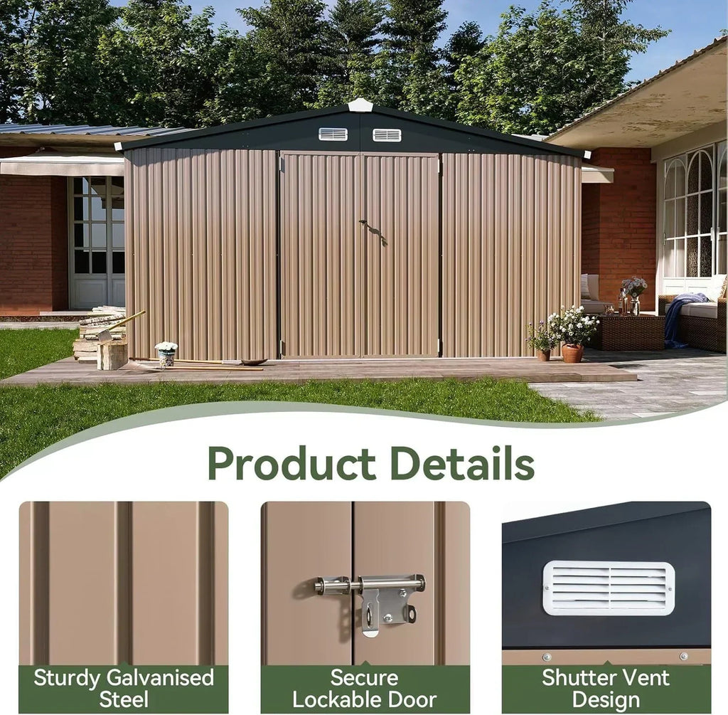 Aoxun 12x10 FT Shed Metal Outdoor Waterproof Storage Shed Steel Utility Garden Tool Shed wourant