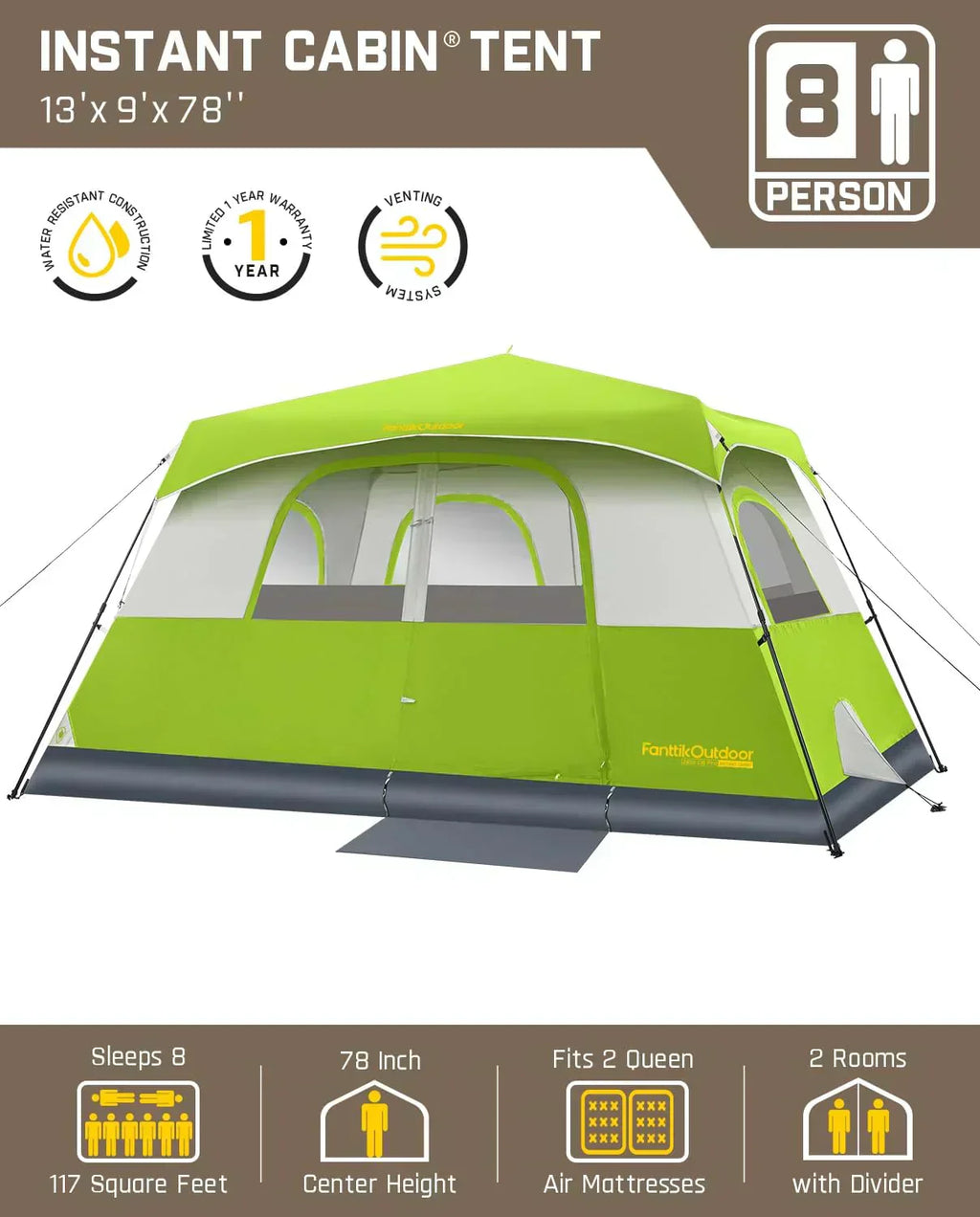 Portable camping tent for 4/6/8/10 people with instant cabin and rainproof and windproof wourant