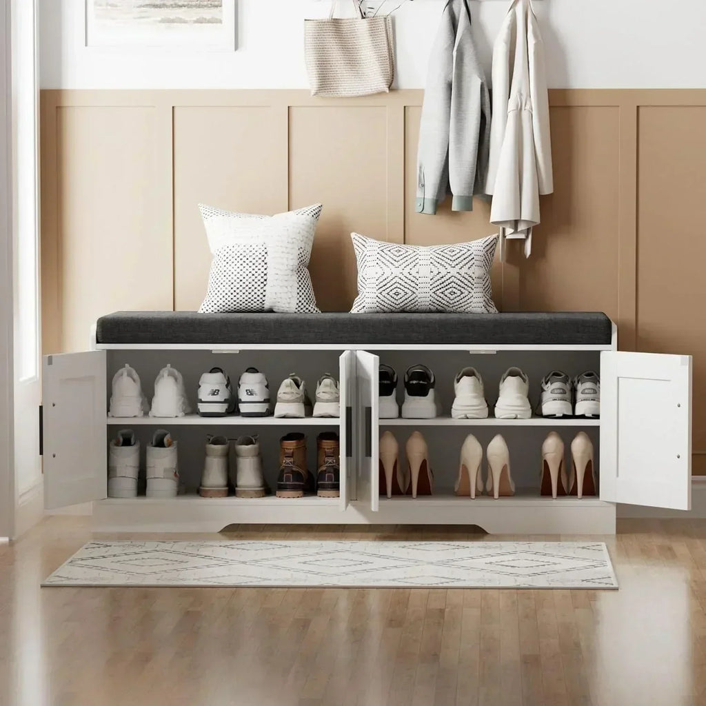 2-Tier Storage Bench Shoe Bench with Thickened Padded Seat Cushion Entryway Bench wourant