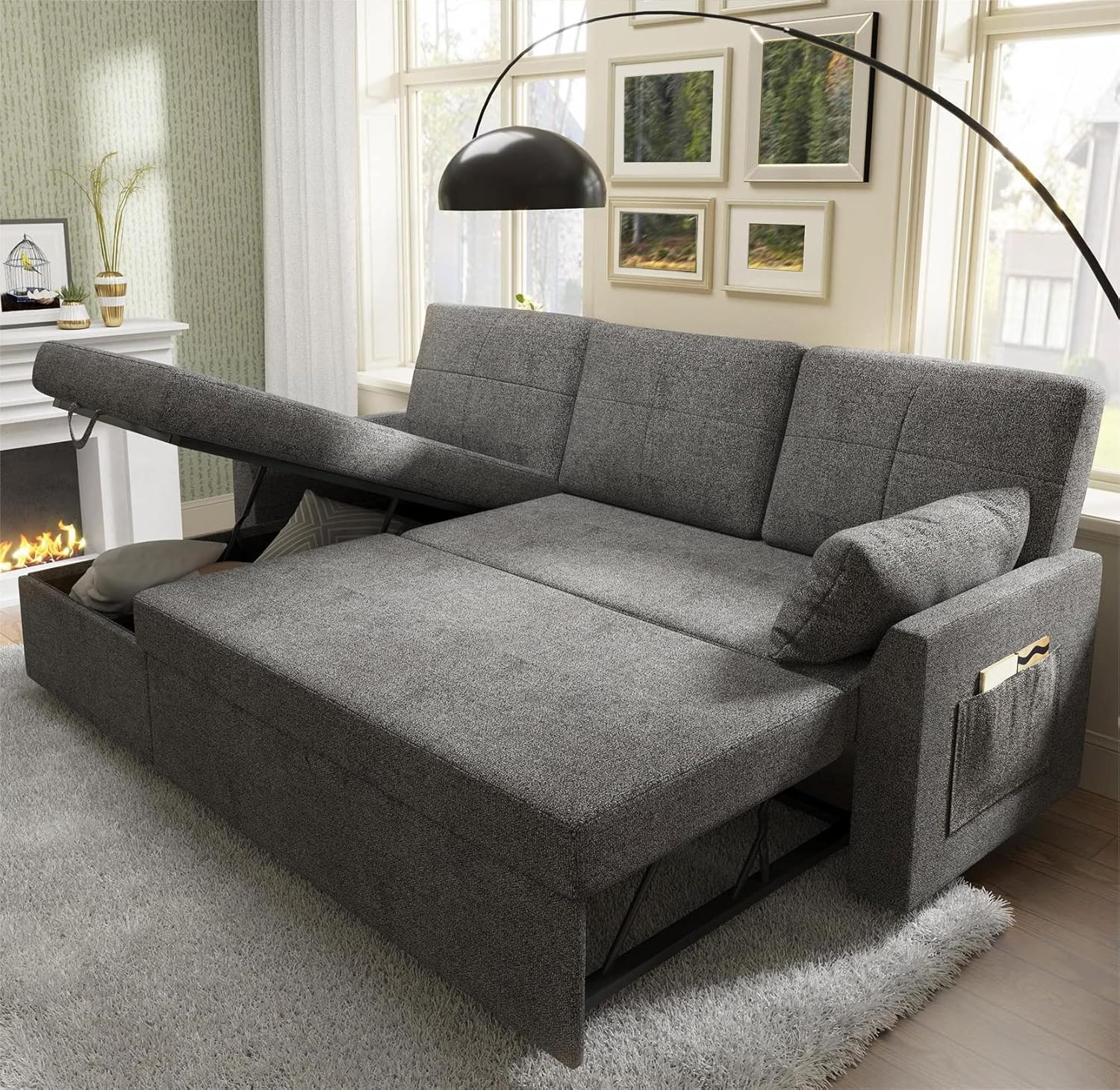 VanAcc Sofa Bed Sleeper Sofa with Storage Chaise 2 in 1 Pull Out Couch Living Room wourant