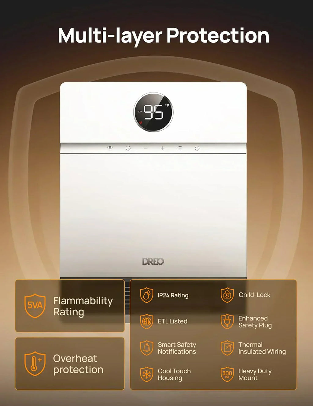 Smart wall-mounted heater for indoor use with adjustable thermostat and remote control wourant