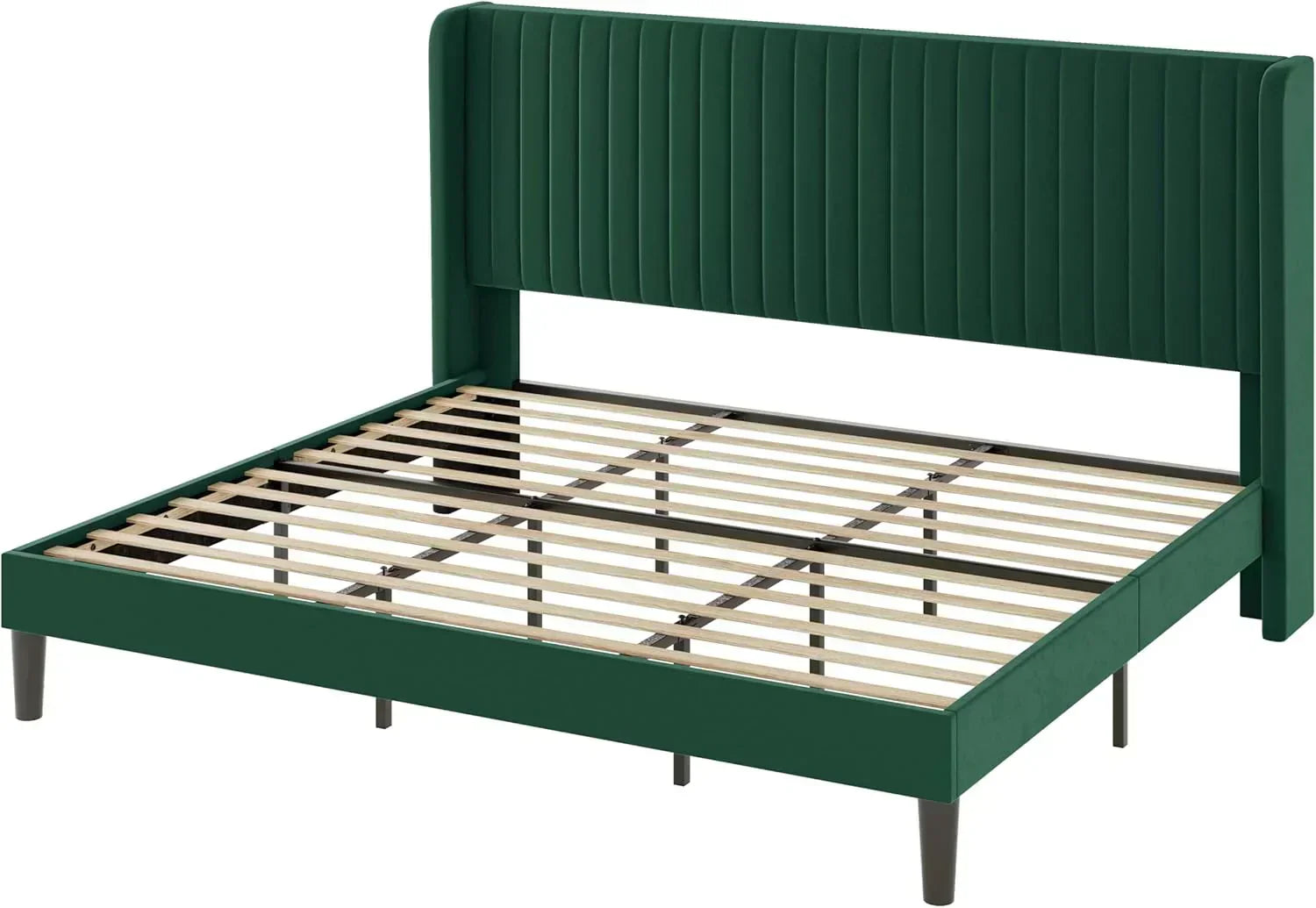 Allewie Full Size Velvet Bed Frame Vertical Channel Tufted Wingback Headboard Upholstered Bed wourant
