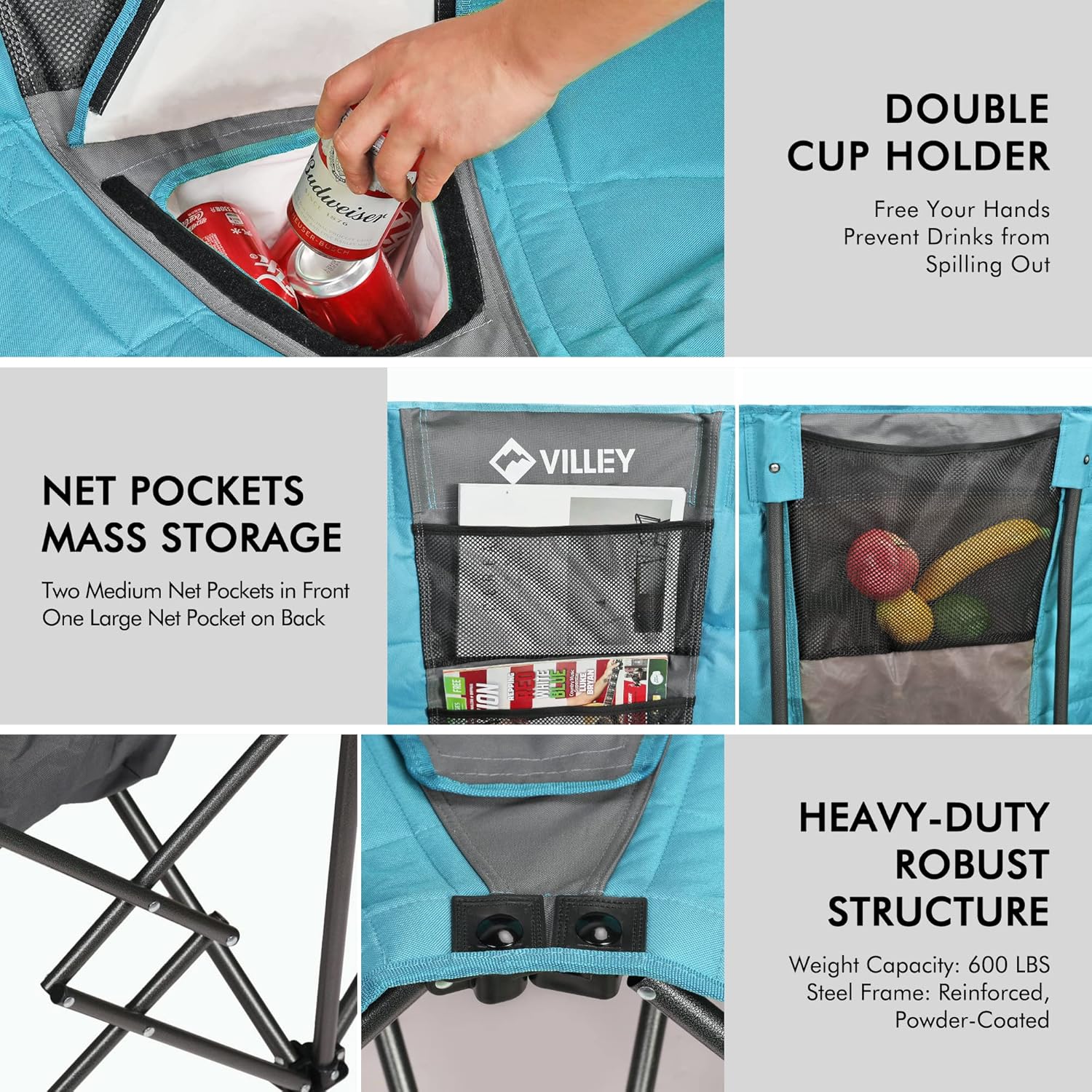 Double camping chair extra wide love seat heavy duty padded camping sofa portable folding chair wourant