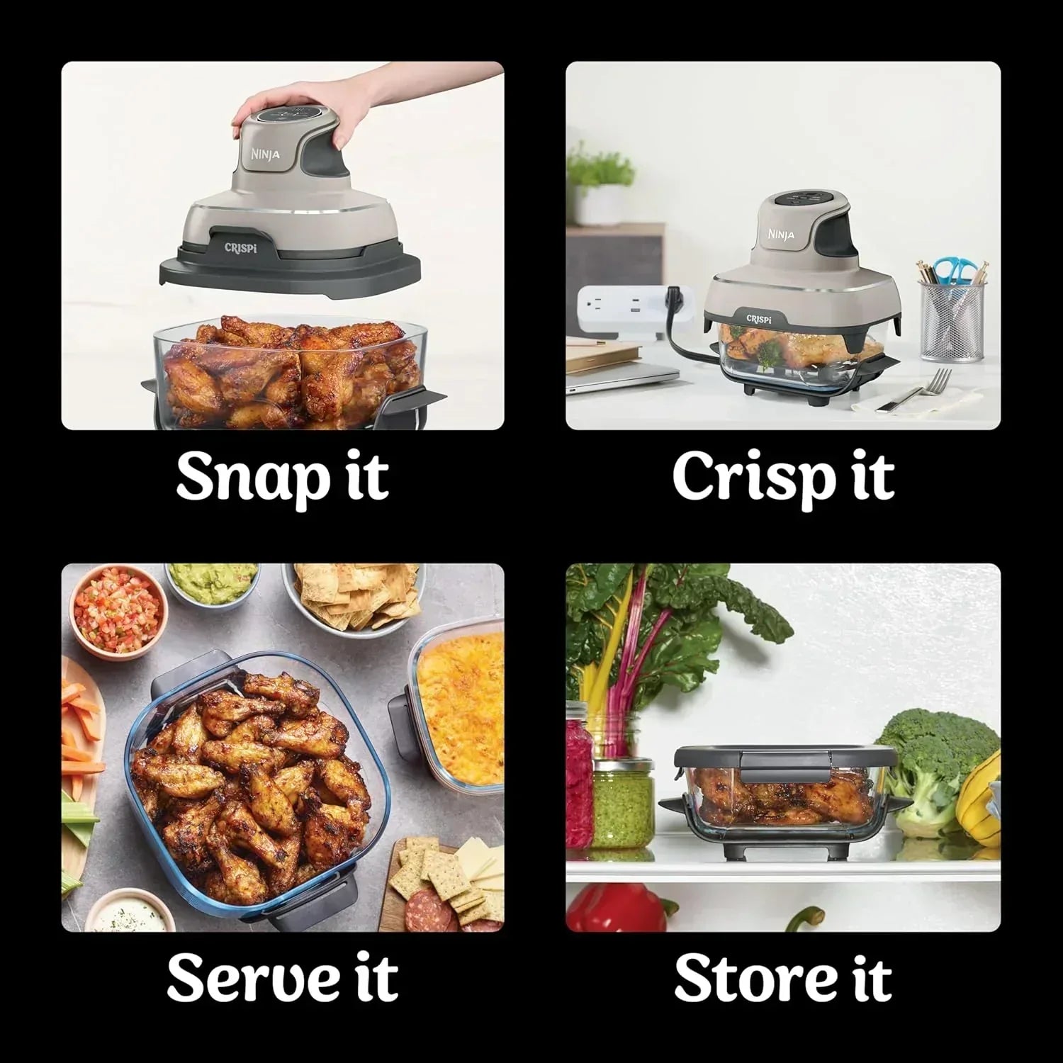 Ninja Crispi 4 in 1 Portable Glass Air Fryer Cooking System 4QT 6 Cup TempWare Glass Containers wourant