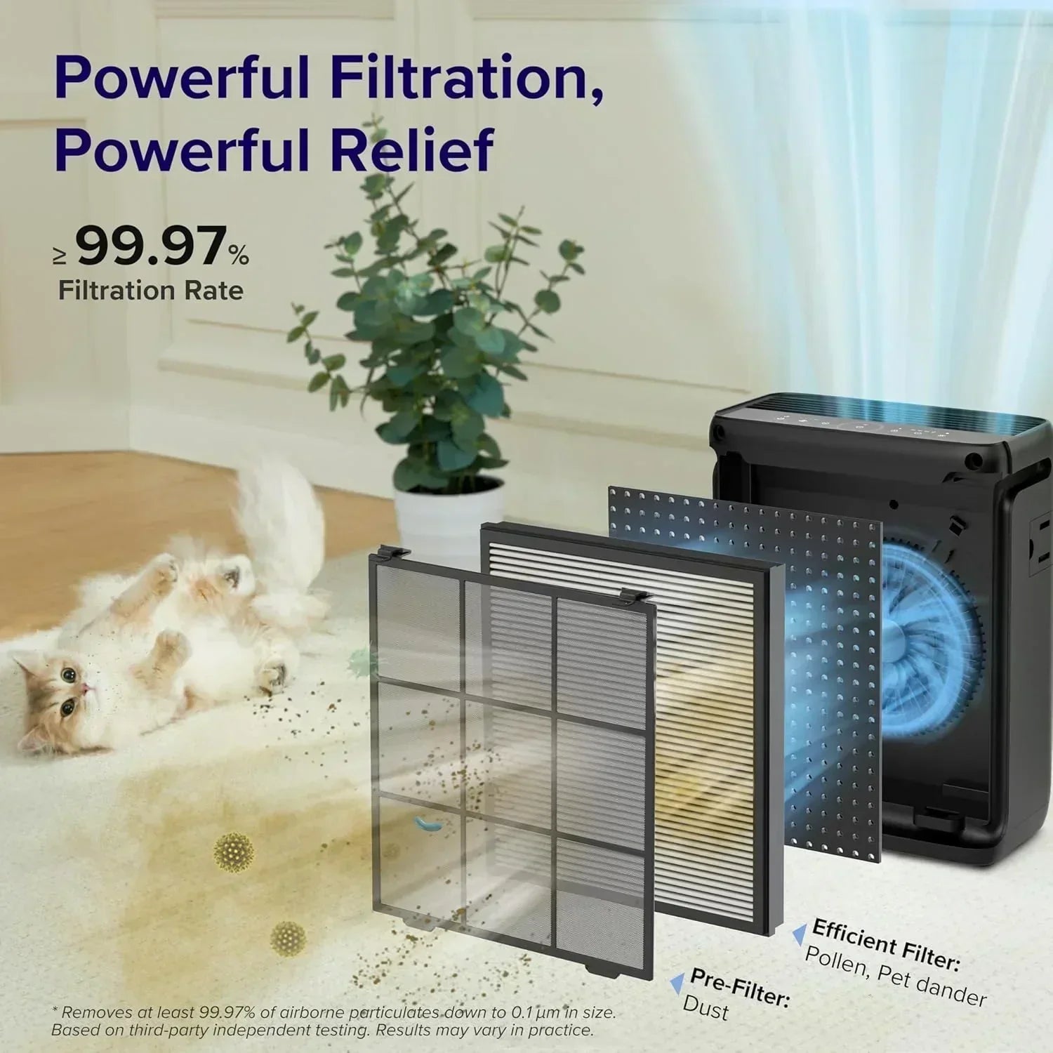 Large-room air purifier for home use with air quality monitor washable pre-filter wourant
