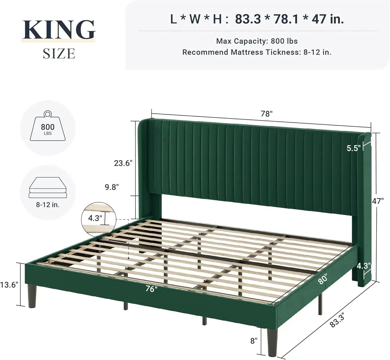 Allewie Full Size Velvet Bed Frame Vertical Channel Tufted Wingback Headboard Upholstered Bed wourant
