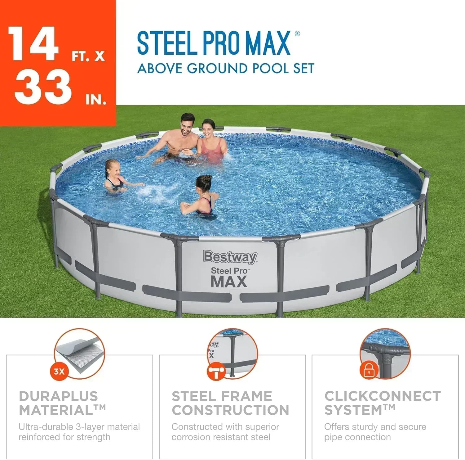Steel Pro MAX 10 Foot x 30 Inch Round Metal Frame Above Ground Backyard Swimming Pool Set wourant