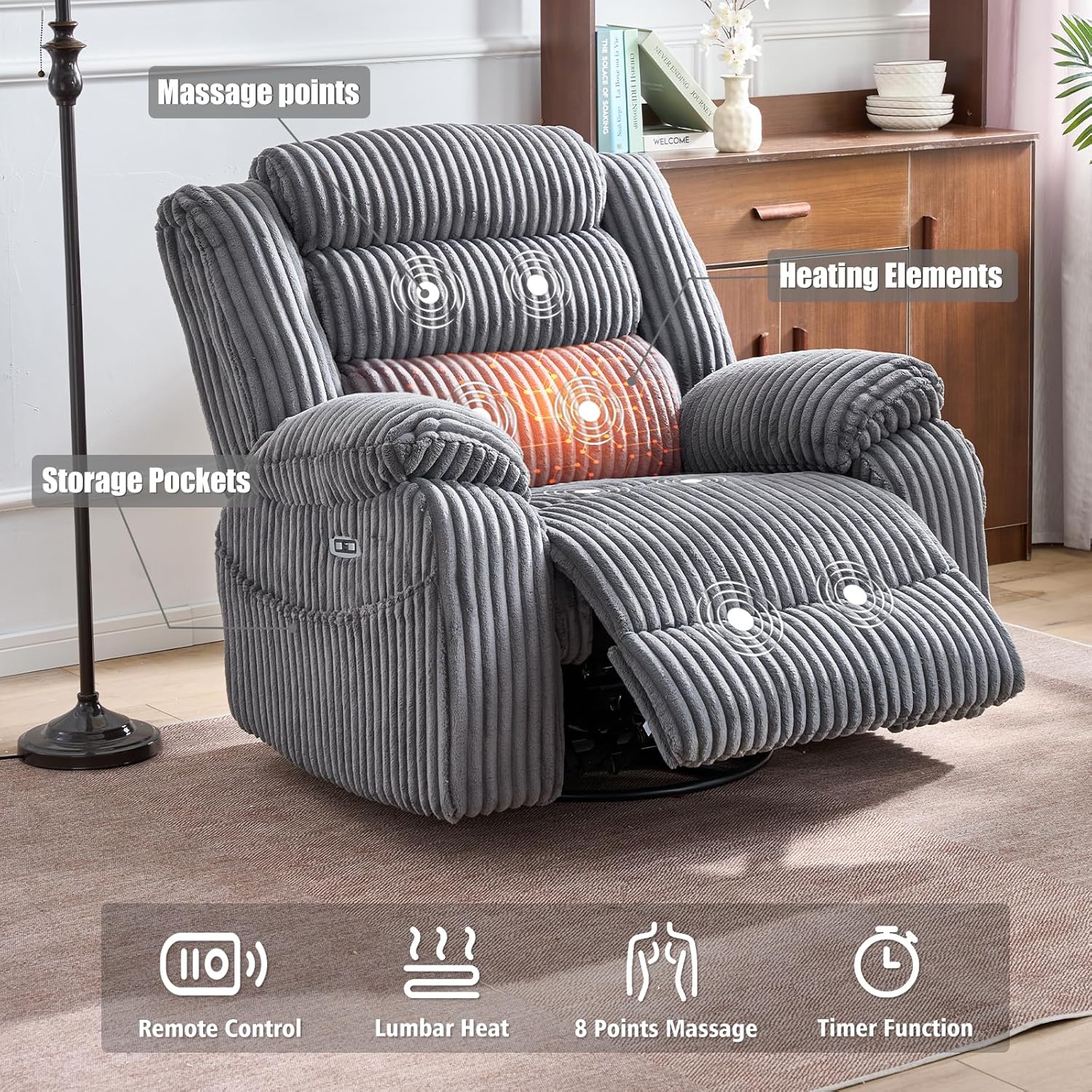 Electric rotary rocker lounge chair for adults with massage and calories USB charging ports wourant