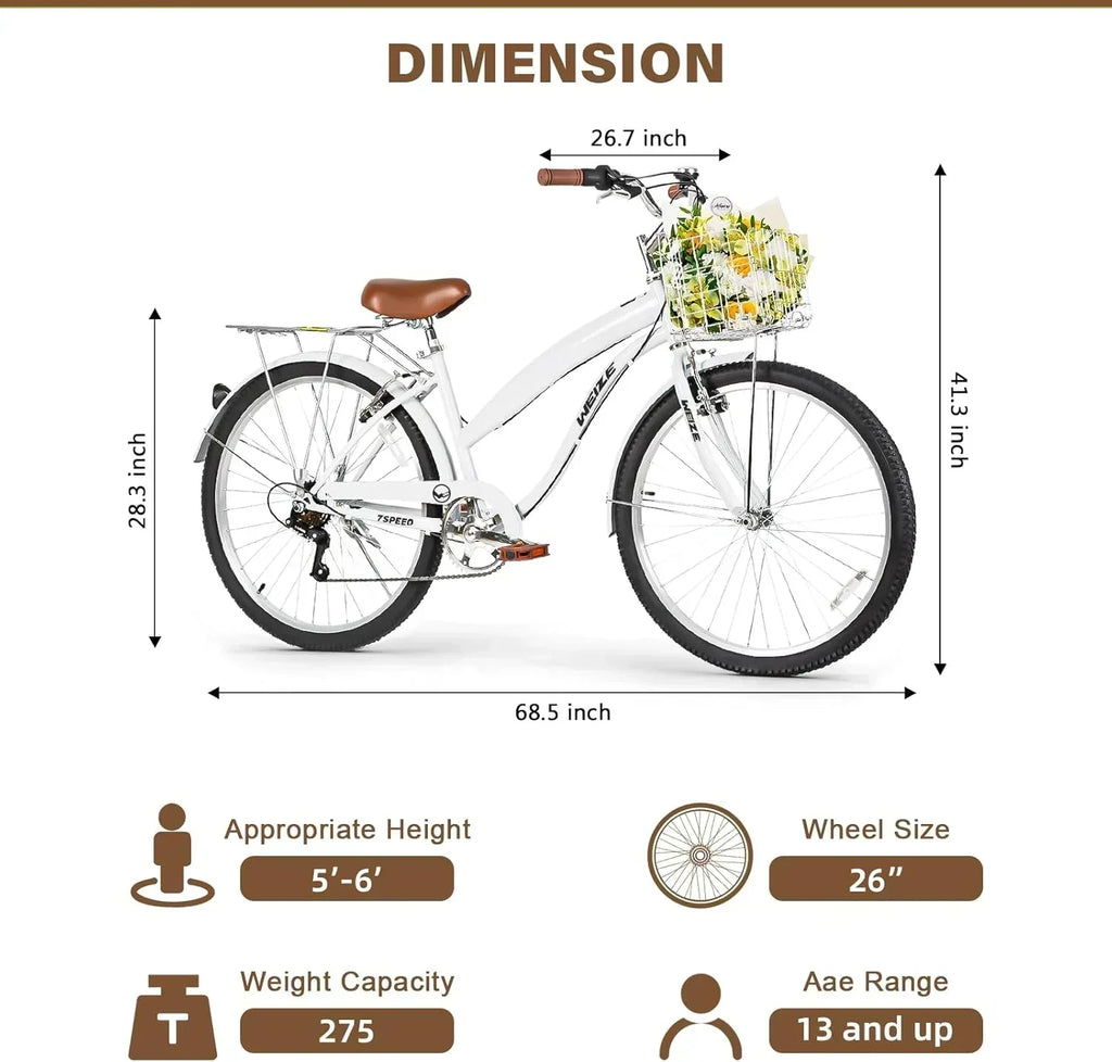 WEIZE Beach Cruiser Bike 26 inch Commuter Bicycle for Adult Men and Women 7-Speed/High-Carbon wourant