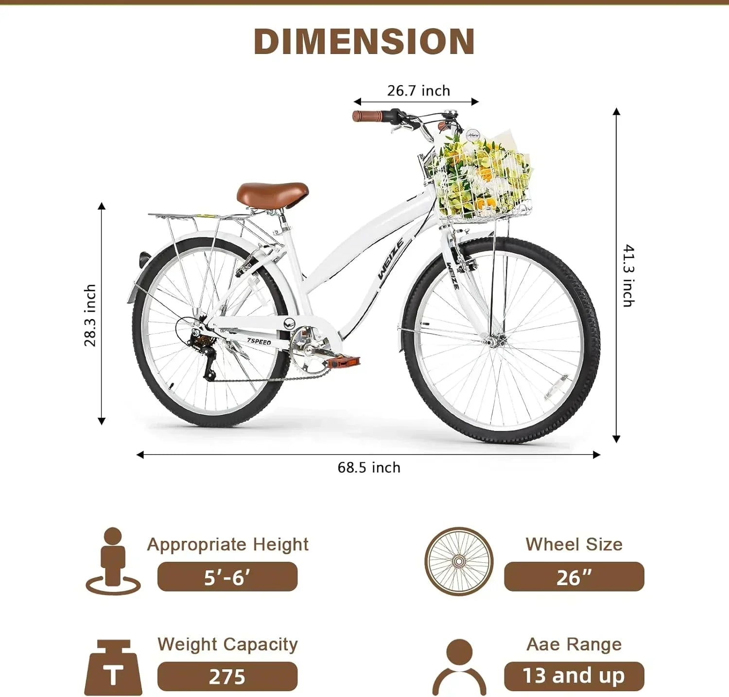 WEIZE Beach Cruiser Bike 26 inch Commuter Bicycle for Adult Men and Women 7-Speed/High-Carbon wourant