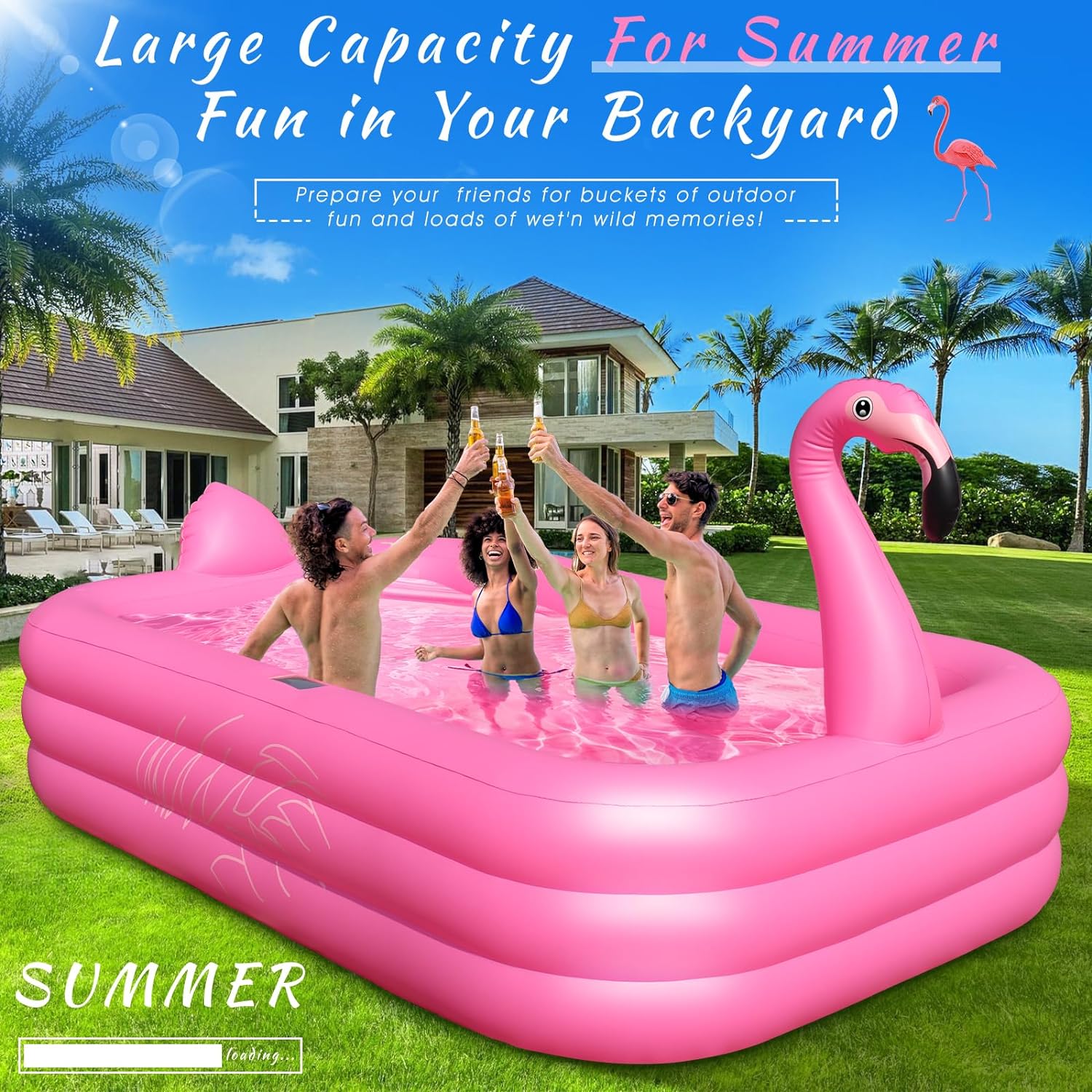 Inflatable Pool with Lights Solar Flamingo Swimming Pool for Kids Adults Inflatable Blow up Pool wourant
