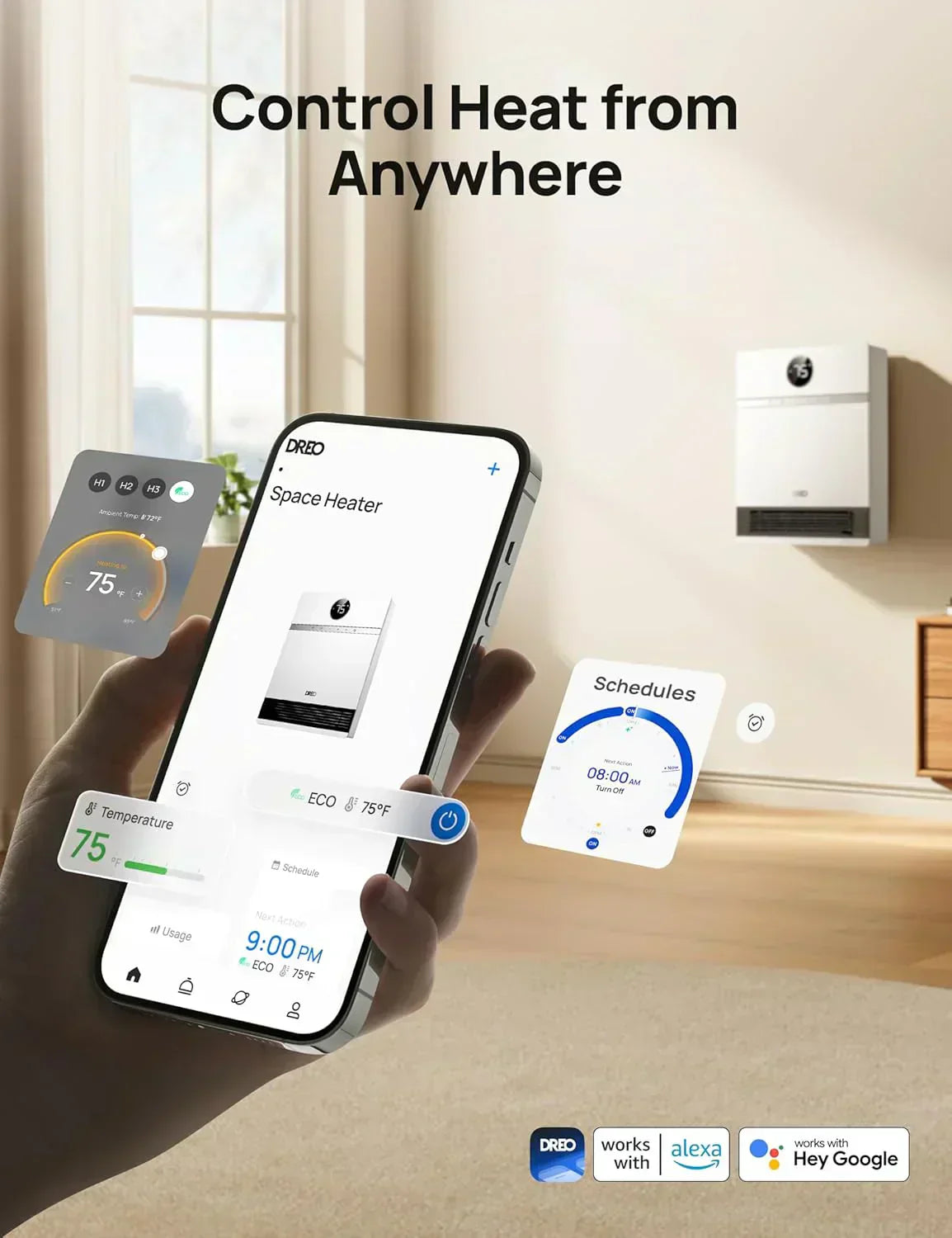 Smart wall-mounted heater for indoor use with adjustable thermostat and remote control wourant