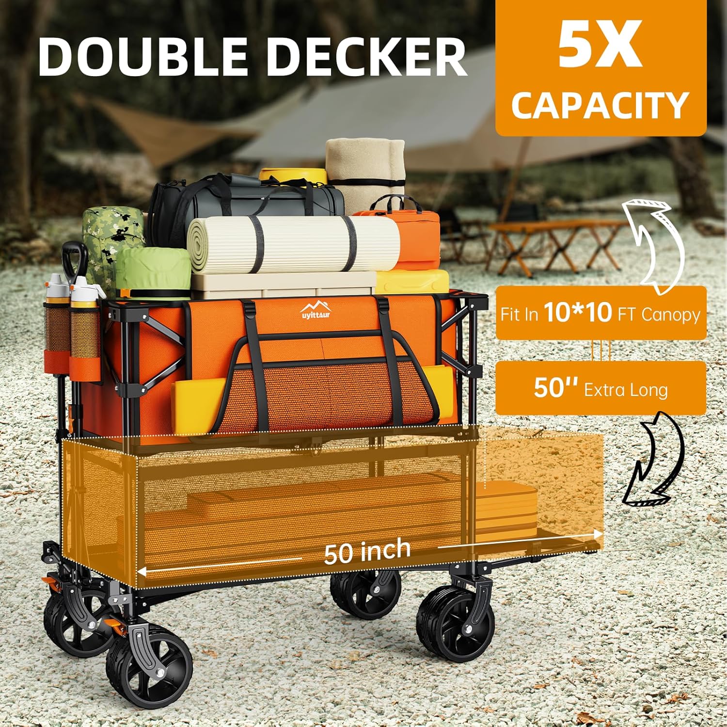 Foldable 50''L Extra Long Double Decker Wagon for Sport 400L Collapsible Heavy Duty Wagon Cart wourant