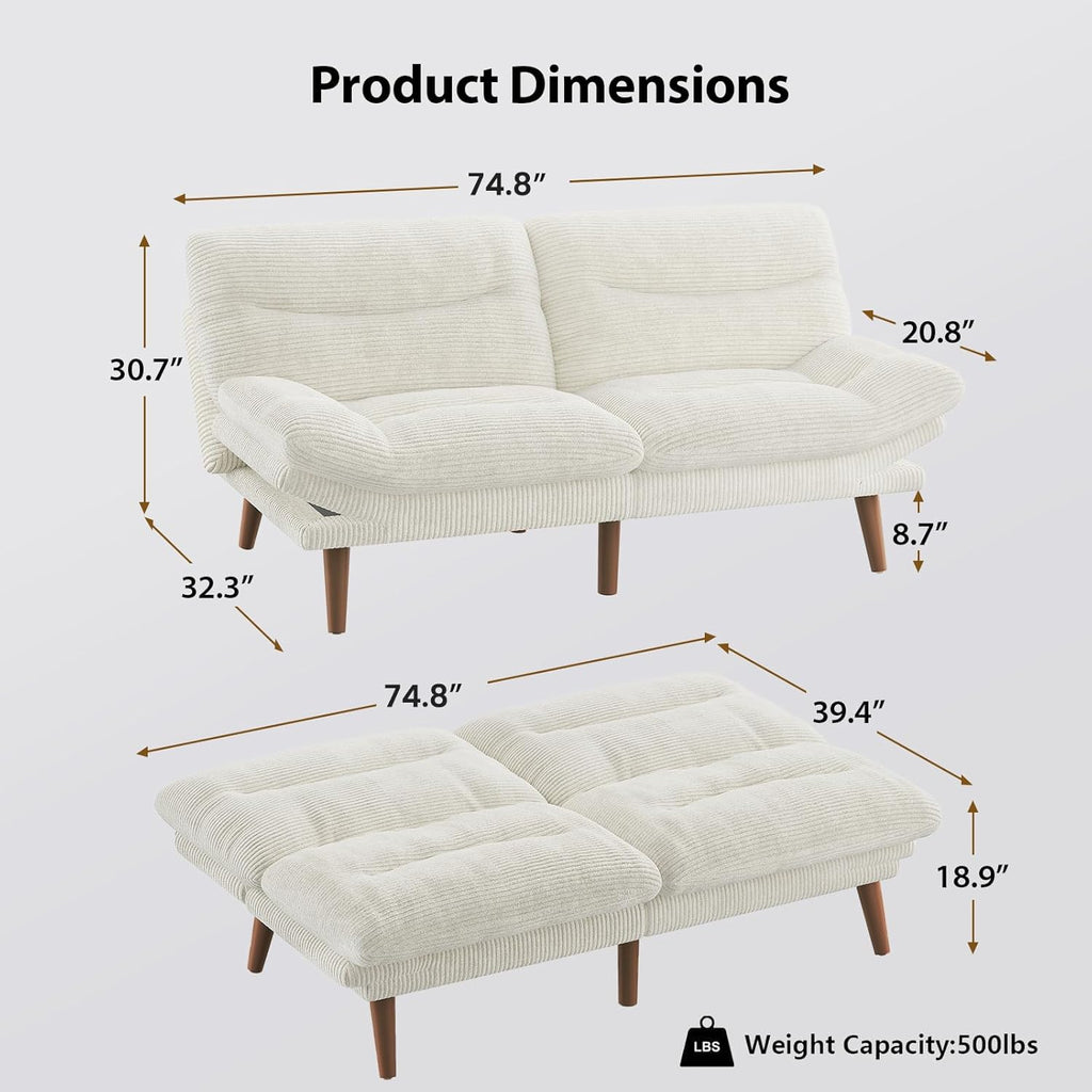 Convertible Futon Sofa Bed 66 Inch Corduroy Futon Sofa Recliner Sofa Bed for Small Spaces wourant