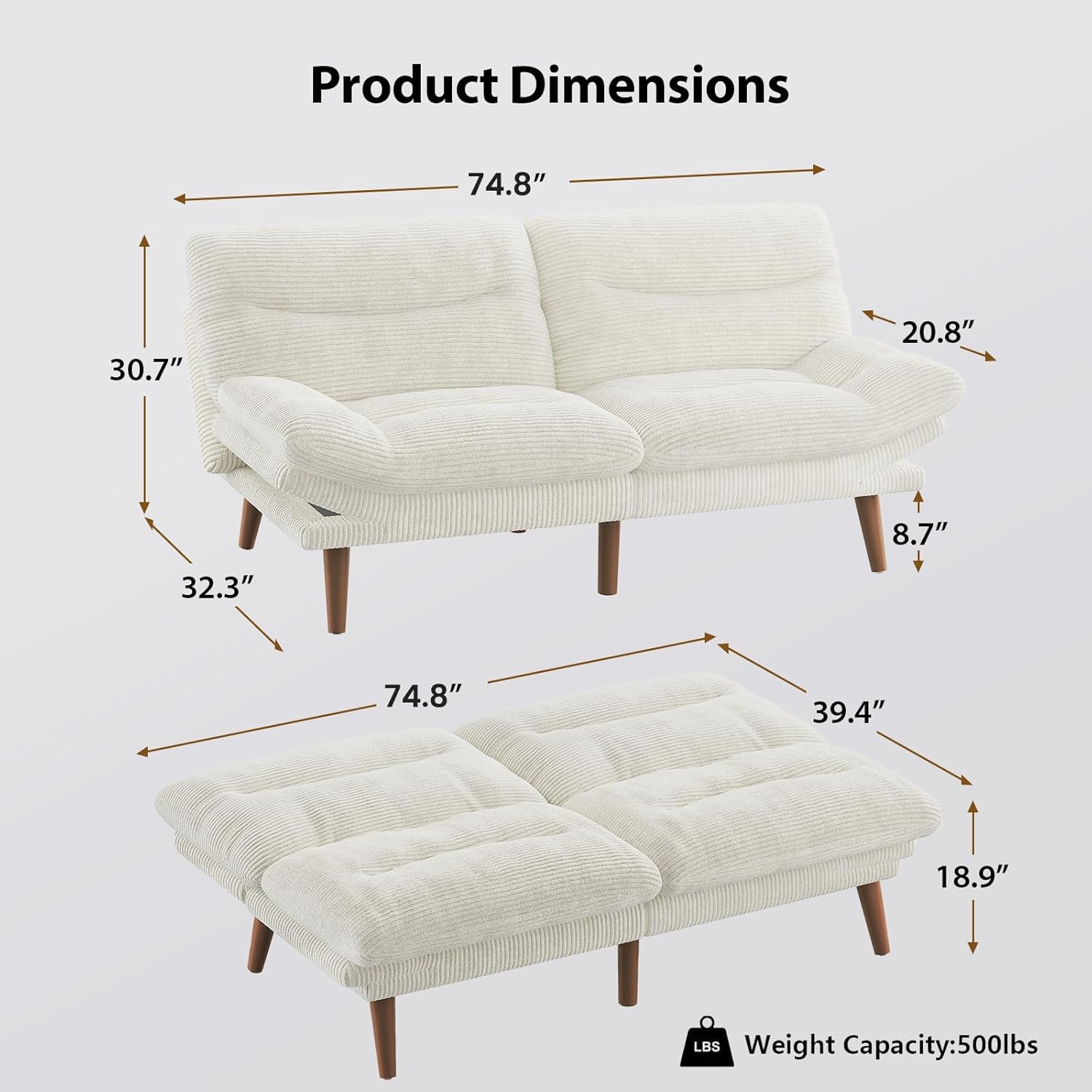 Convertible Futon Sofa Bed 66 Inch Corduroy Futon Sofa Recliner Sofa Bed for Small Spaces wourant