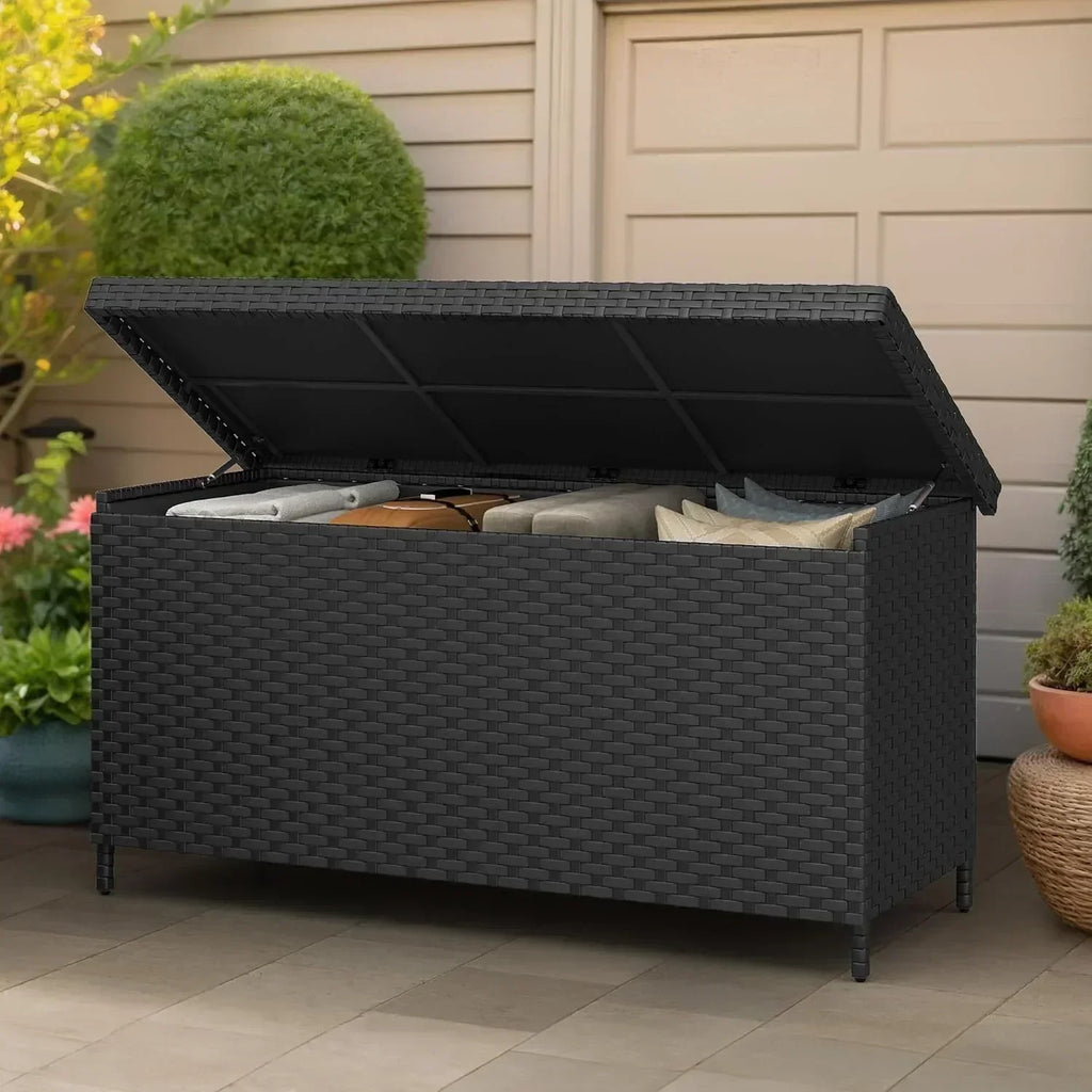 DWVO 70Gal Outdoor Storage Bench with Cushion Composite Wood Backrest Wicker Deck Bench wourant