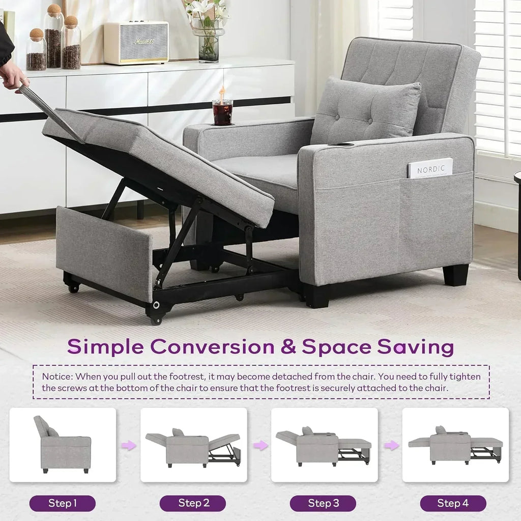 Adult Convertible Sleeper Chair Bed 3-in-1 Pull-Out Sofa Bed with USB/Type-C Ports Cup Holders wourant
