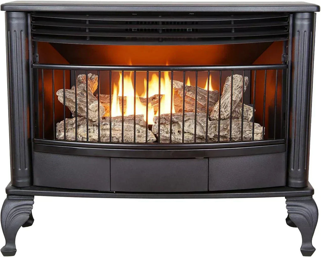 Vent-free 25000 BTU space-saving freestanding dual-fuel fireplace with thermostat control wourant