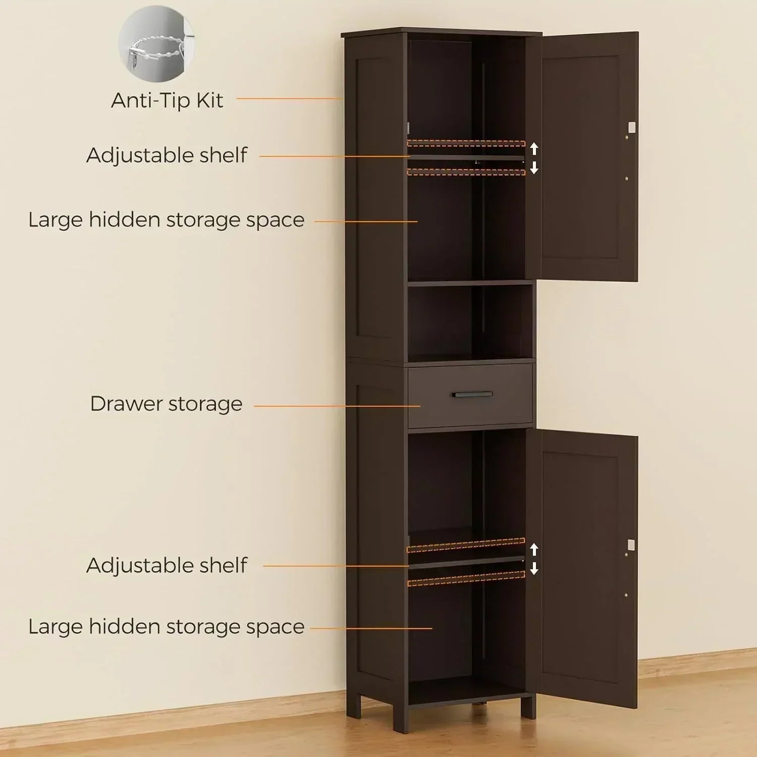 Homhedy 67" H Tall Bathroom Storage Cabinet with 2 Barn Doors and 1 Drawer Narrow Storage Unit wourant