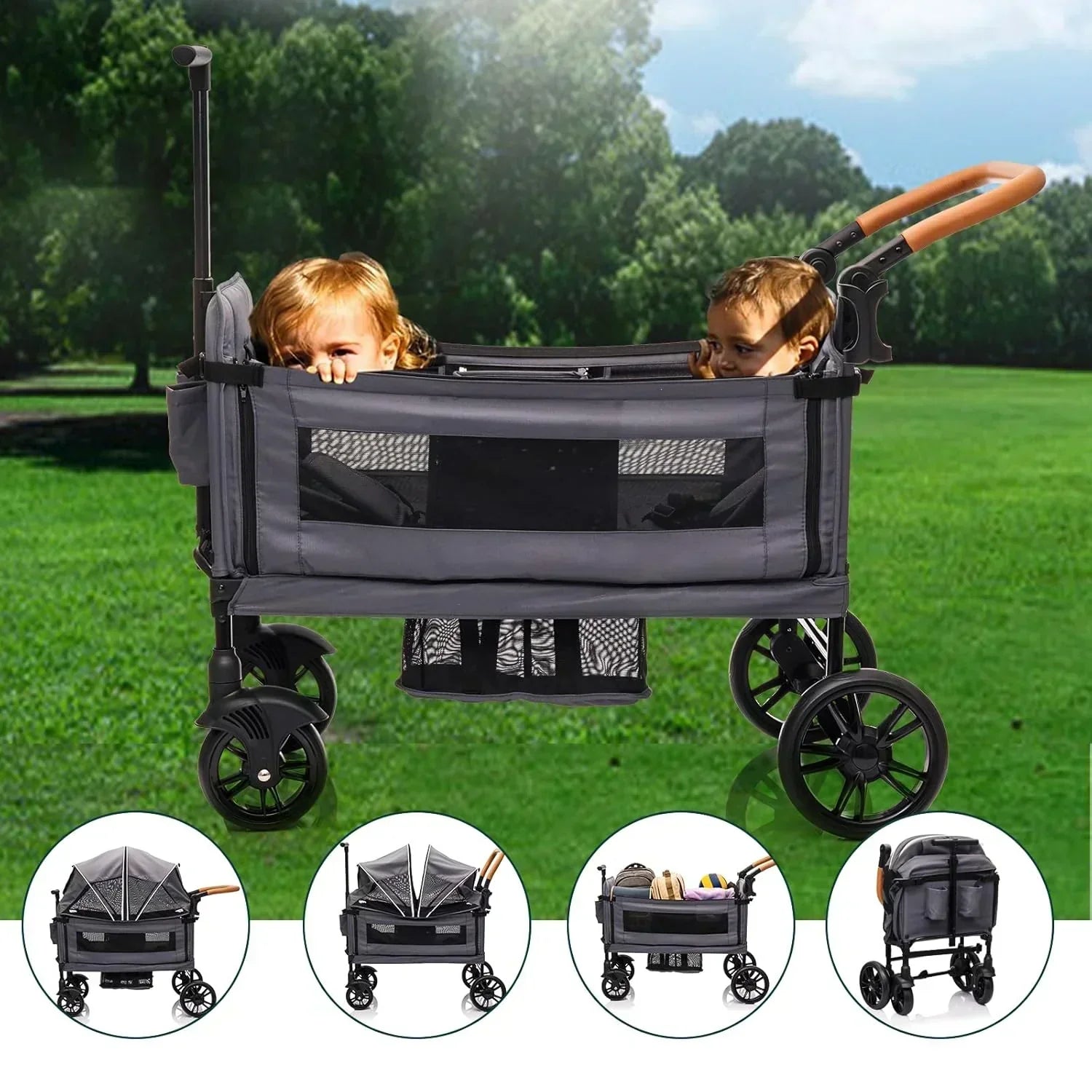 Wagon Stroller for 2 Kids Cargo-Travel Stroller Push-Pull Double Wagon Lightweight Folding Stroller wourant