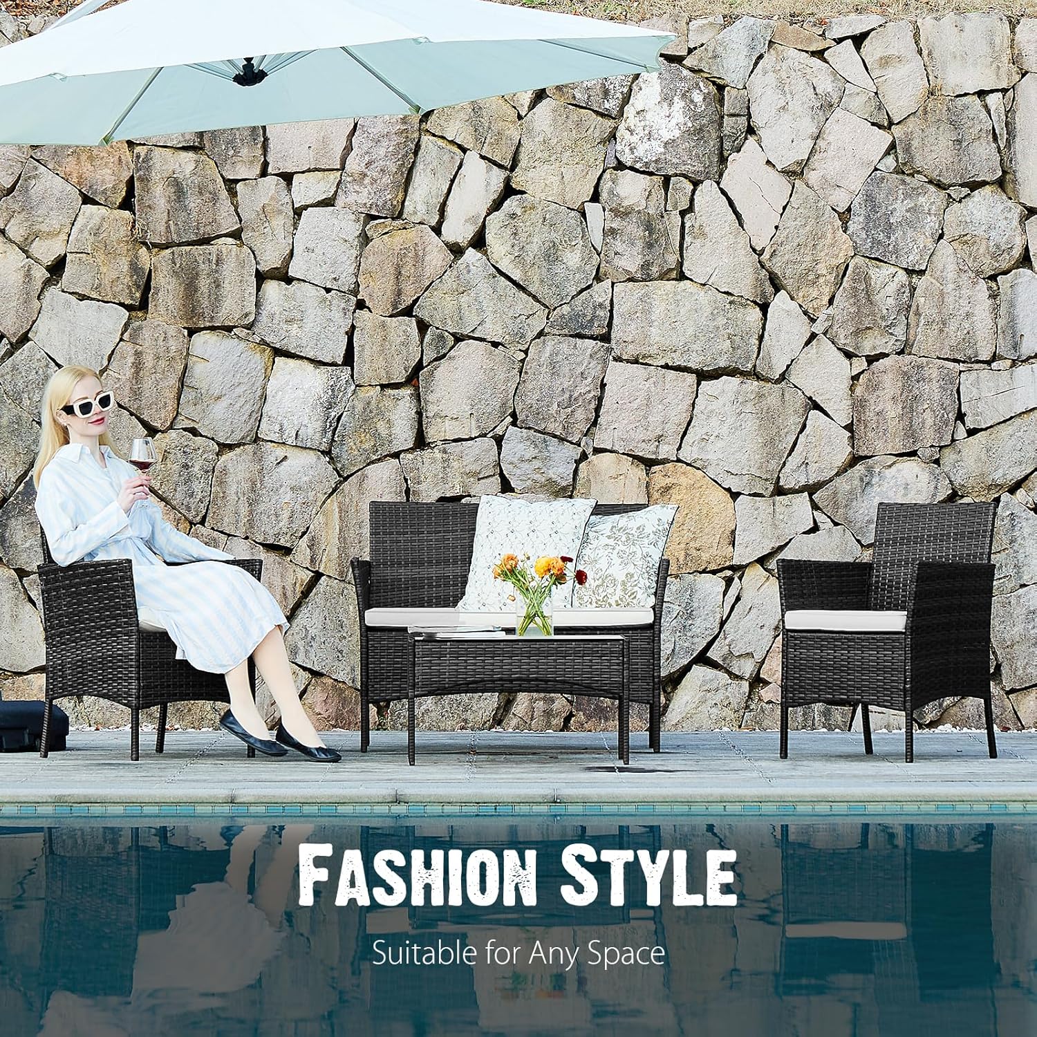 Sweetcripy Patio Furniture Set 3 Pieces Outdoor Furniture with Soft Cushion and Glass Table wourant