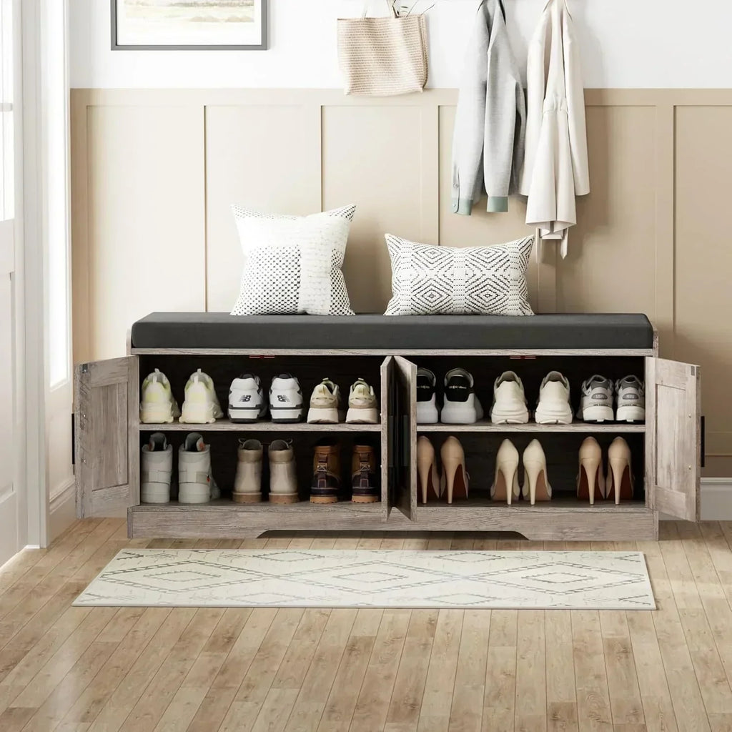 2-Tier Storage Bench Shoe Bench with Thickened Padded Seat Cushion Entryway Bench wourant