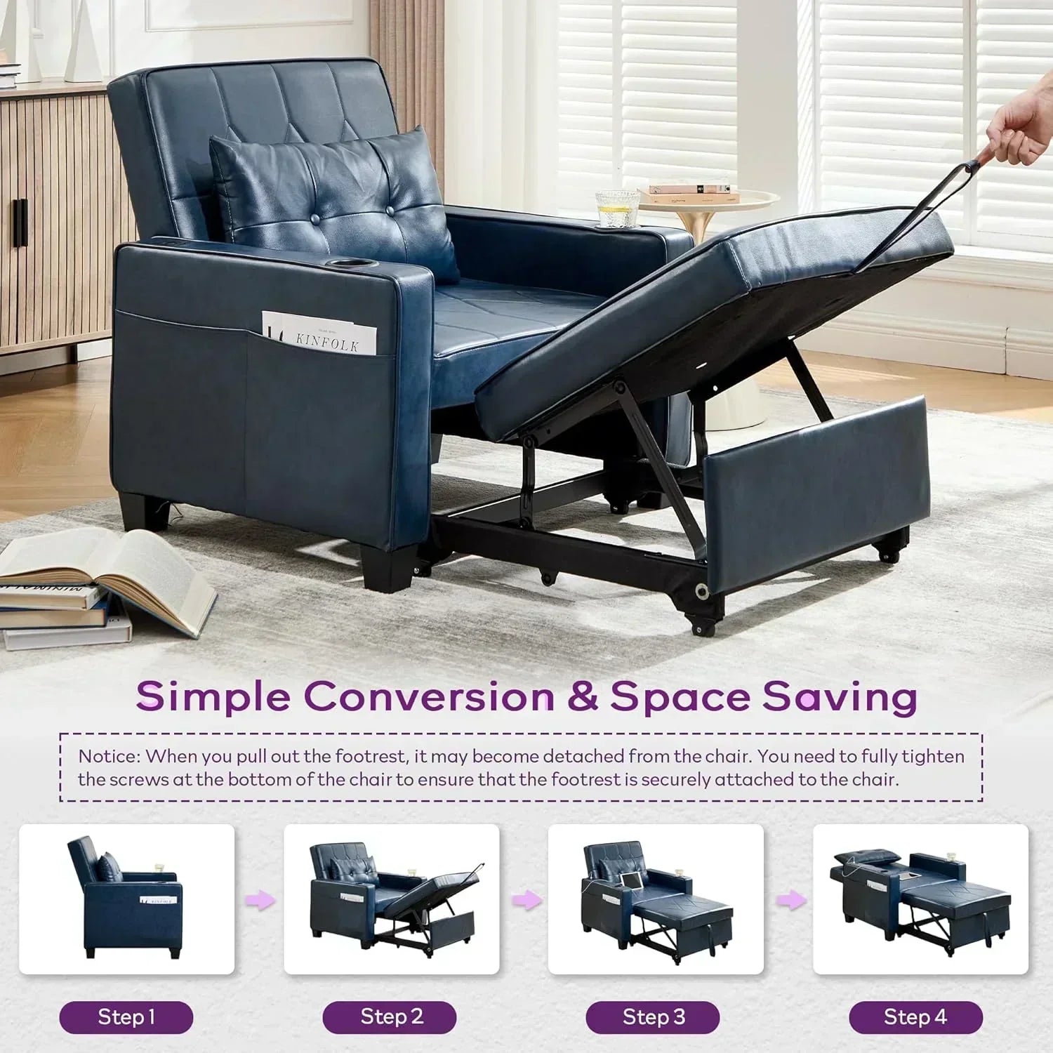 Adult Convertible Sleeper Chair Bed 3-in-1 Pull-Out Sofa Bed with USB/Type-C Ports Cup Holders wourant