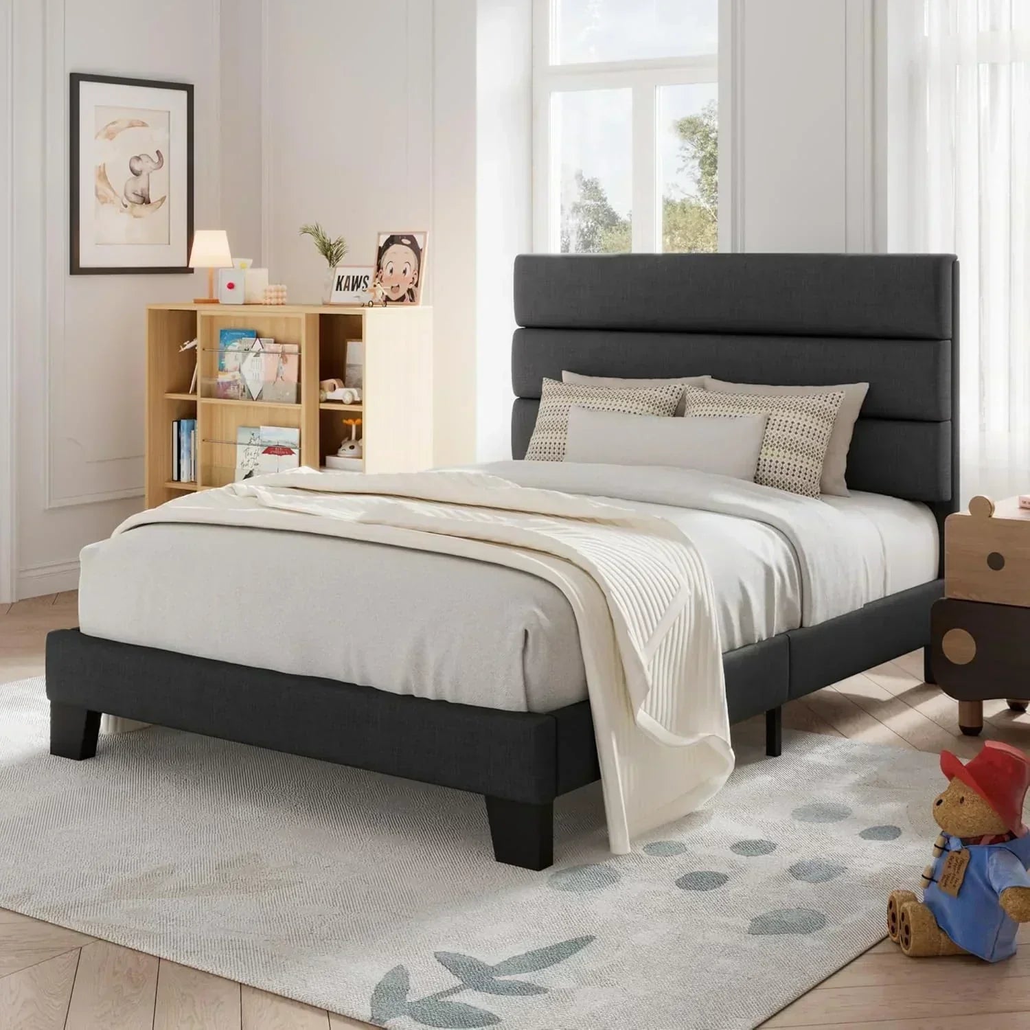 Allewie King size platform bed frame with velvet upholstered headboard and planks wourant