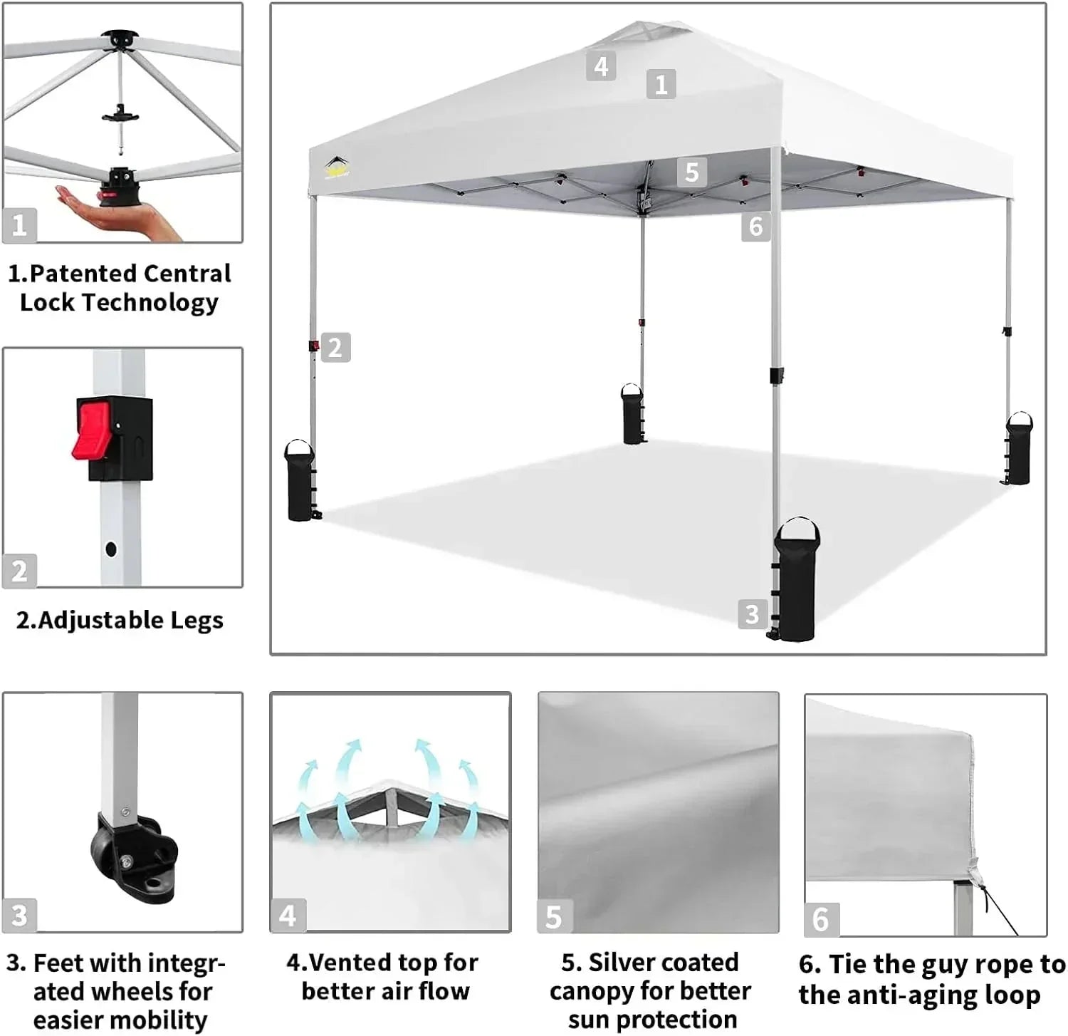 10x10 Pop-Up Awning One-Click Installation Beach Tent Outdoor Sunshade Silver Coated Top wourant