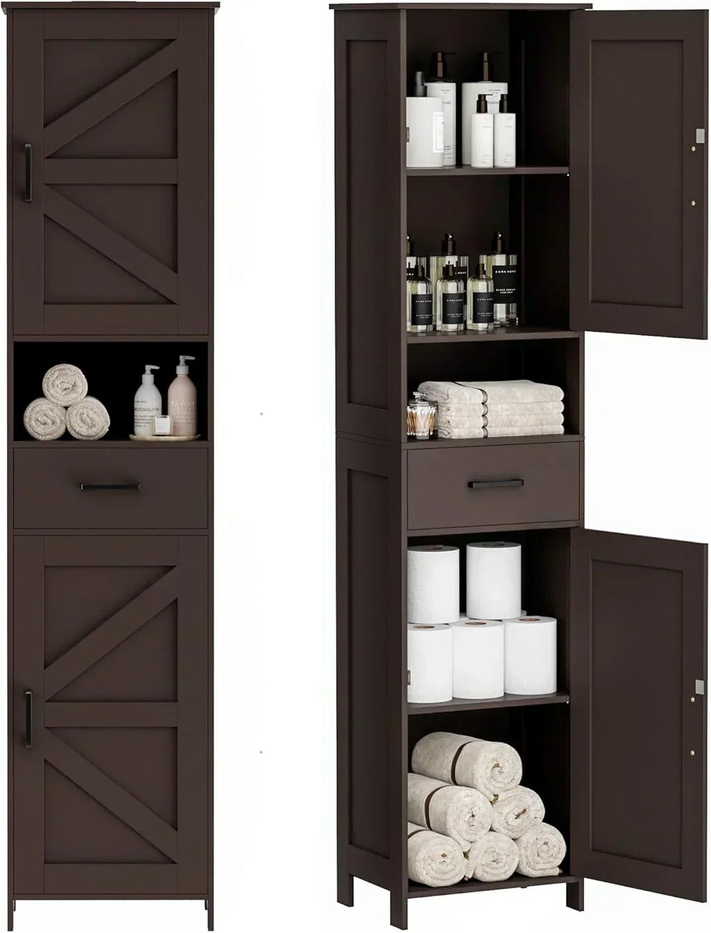 Homhedy 67" H Tall Bathroom Storage Cabinet with 2 Barn Doors and 1 Drawer Narrow Storage Unit wourant