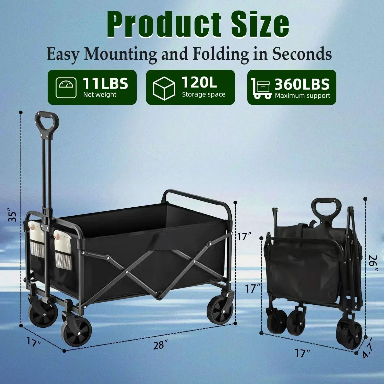 Foldable 4-wheel cart foldable 37 inches long 480 lb capacity heavy-duty beach cart wourant