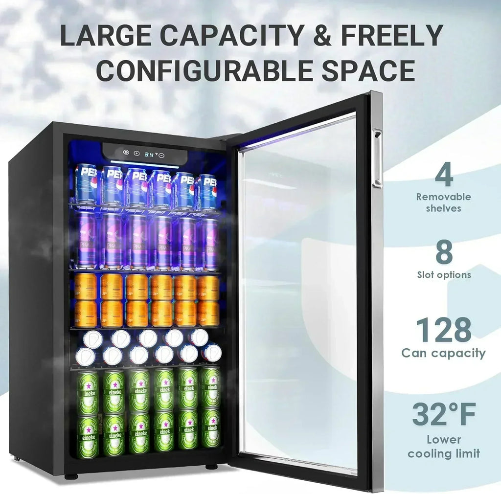 EUHOMY Beverage Refrigerator Cooler 130 Can Mini Fridge with Glass Door Beverage Cooler wourant