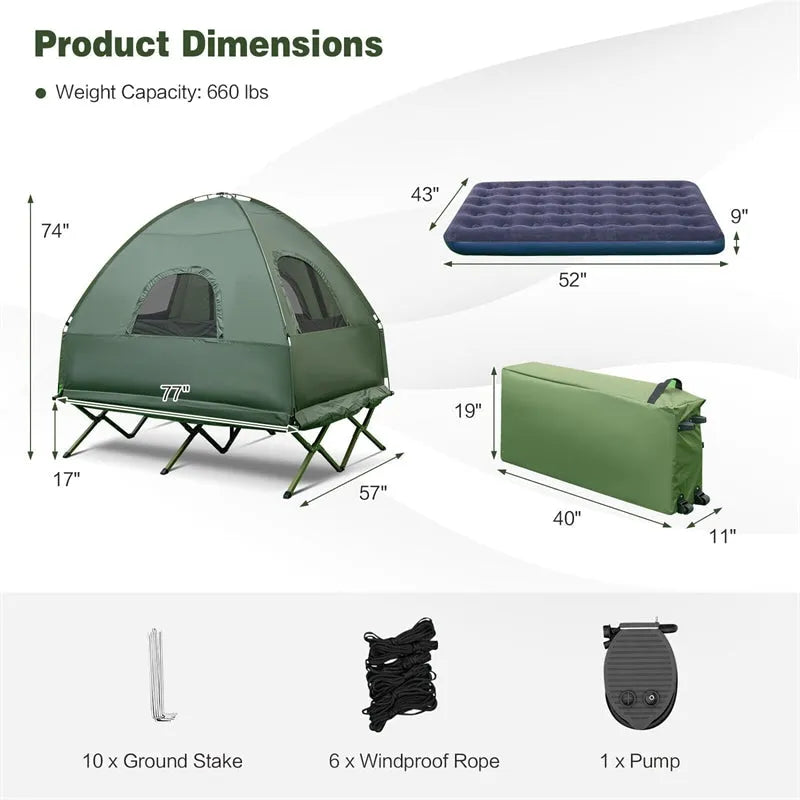 5-in-1 Tent Cot 2-Person Portable Outdoor Camping Tent Combo with Air Mattress Sleeping Bag wourant