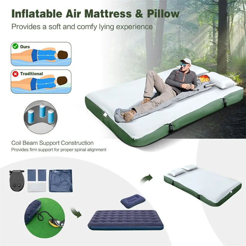 5-in-1 Tent Cot 2-Person Portable Outdoor Camping Tent Combo with Air Mattress Sleeping Bag & Sunshade wourant