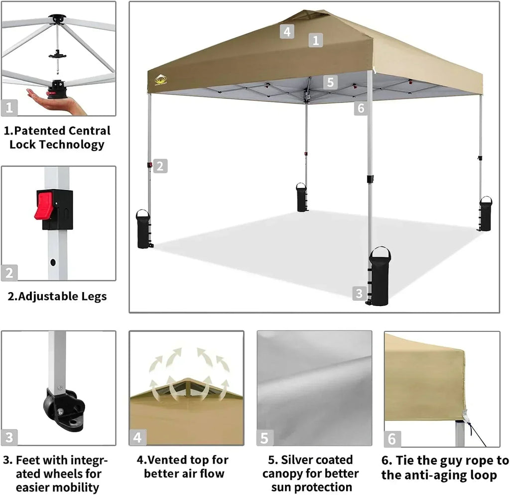 10x10 Pop-Up Awning One-Click Installation Beach Tent Outdoor Sunshade Silver Coated Top wourant