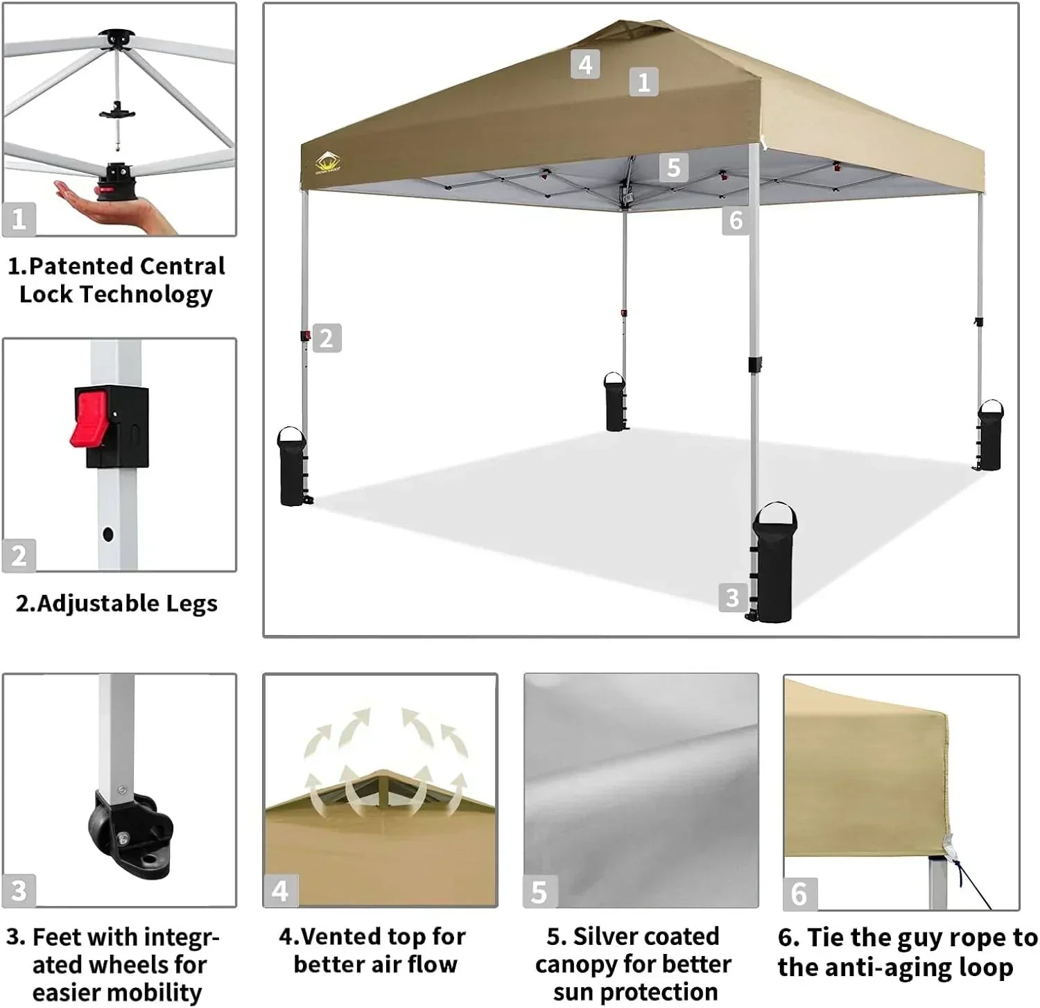 10x10 Pop-Up Awning One-Click Installation Beach Tent Outdoor Sunshade Silver Coated Top wourant