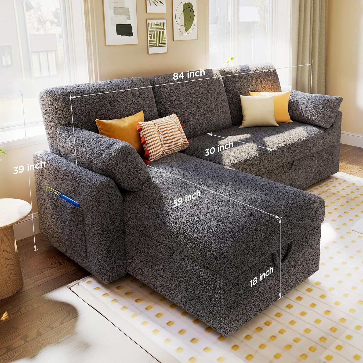 VanAcc Sofa Bed Sleeper Sofa with Storage Chaise 2 in 1 Pull Out Couch Living Room wourant