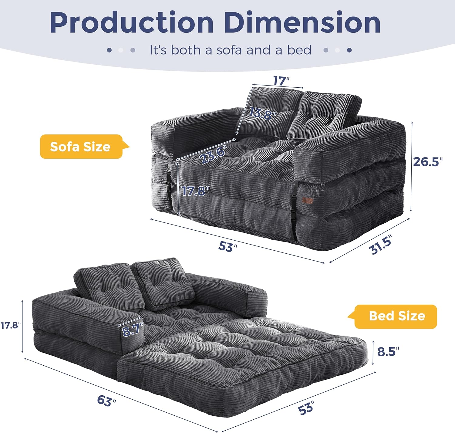 Folding Sofa Bed L-Shaped Convertible Sofa Bed with Armrests and Pillows wourant