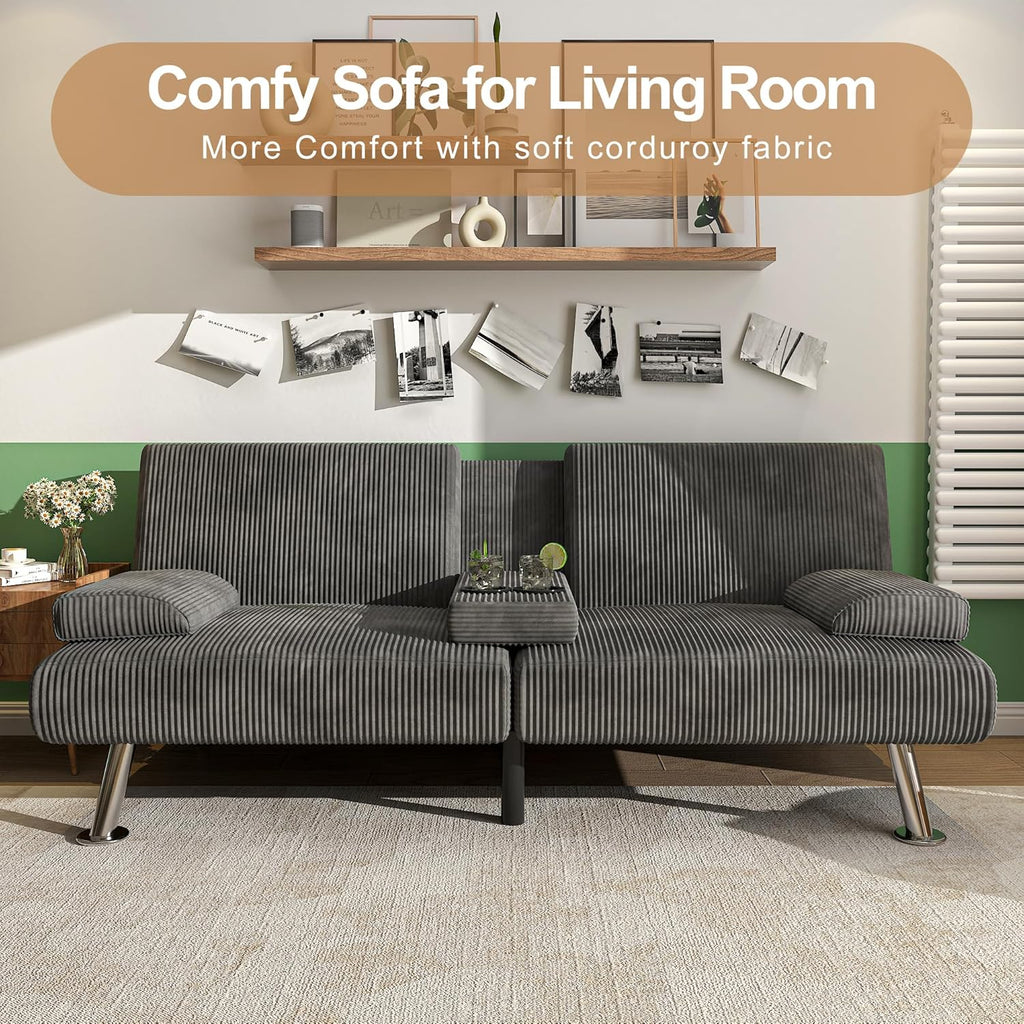 Shahoo Modern Linen Upholstered Convertible Folding Futon Sofa Bed with Removable Armrests wourant