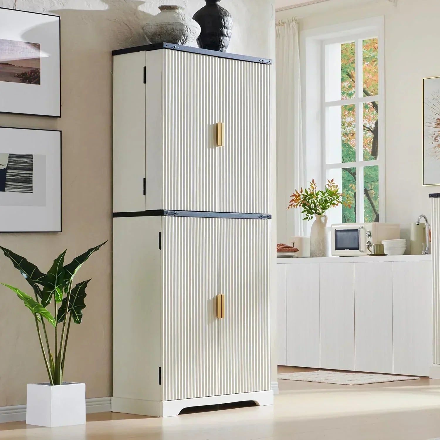 Fluted Pantry Cabinet 72" Tall Modern Storage Cabinet with 4 Doors Organizer Drawer wourant