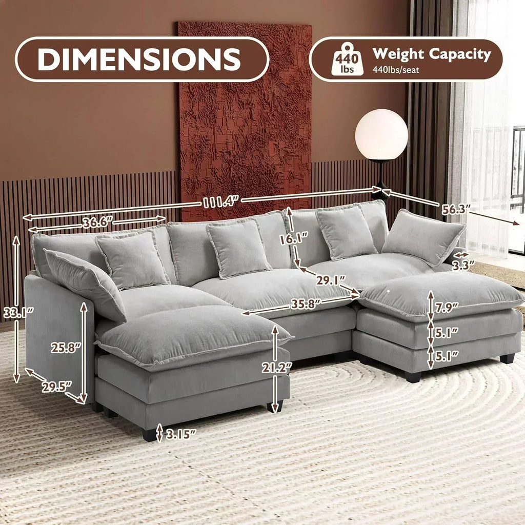 111.4 Inch L Shaped Modern Sofa Modular Cloud Sofa with Ottoman 4 Seater Chenille Deep Seat Sofa wourant