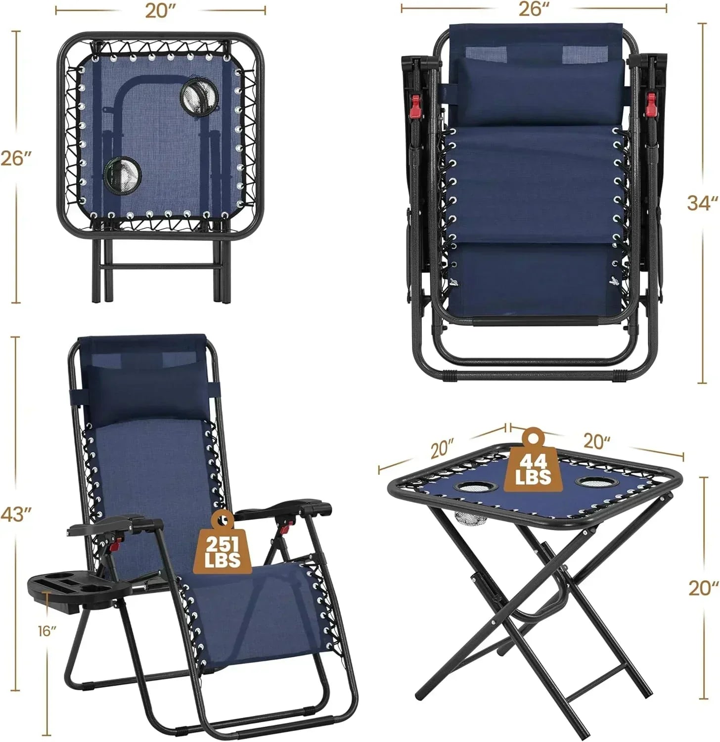 3PCS Zero Gravity Recliner Portable Outdoor Reclining Chair Set Side Table Lounge Chairs wourant