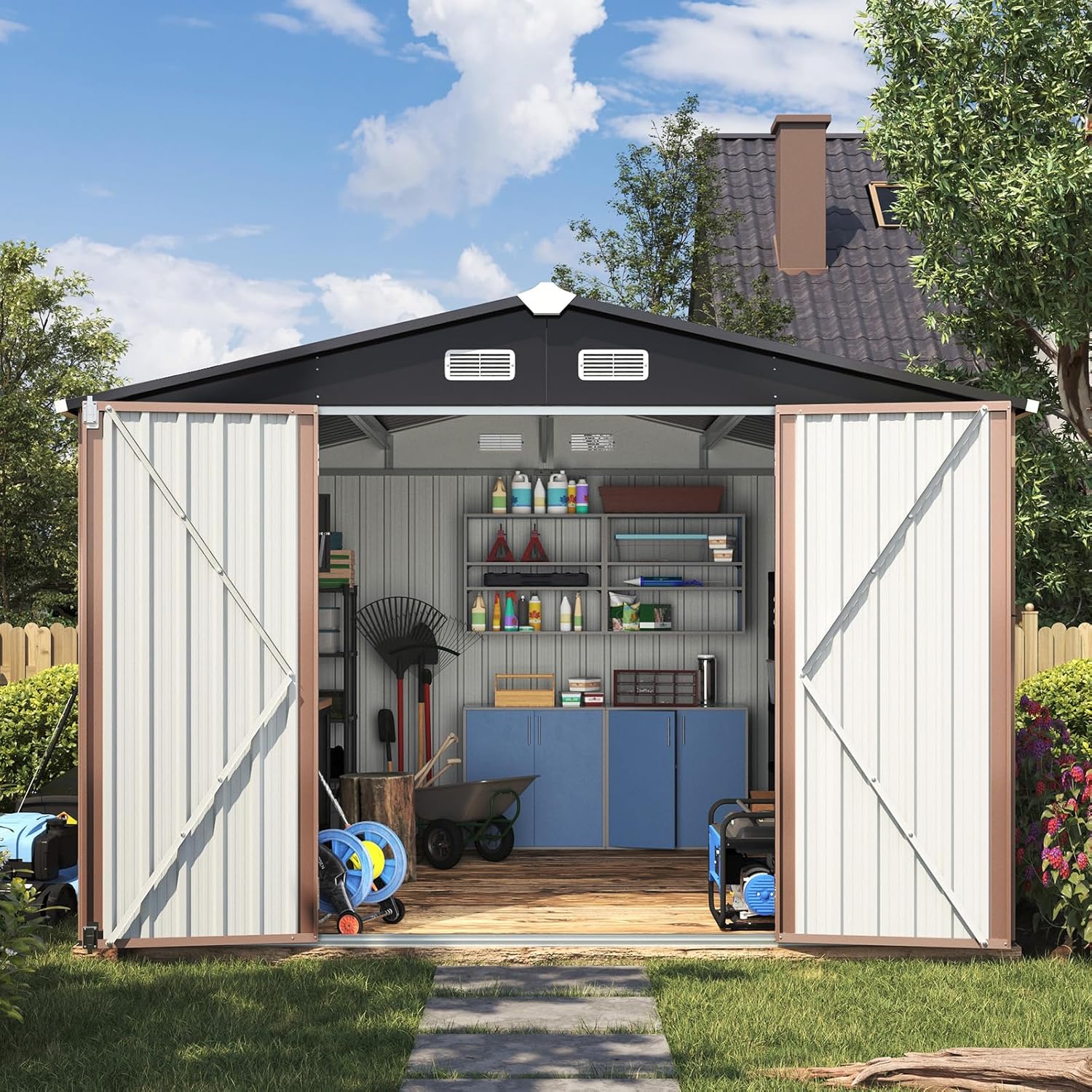 Aoxun 12x10 FT Shed Metal Outdoor Waterproof Storage Shed Steel Utility Garden Tool Shed wourant