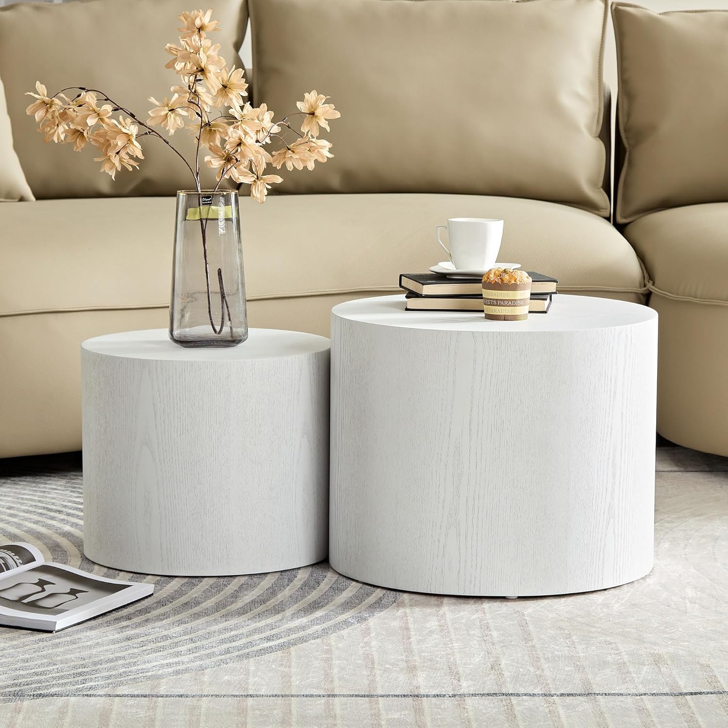 Nesting Coffee Table Set of 2 Modern Round Coffee Table with Non-Slip Feet Circle Accent Tables wourant