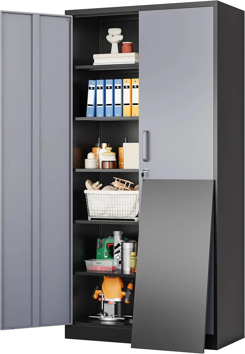 Metal Storage Cabinet with 2 Doors and 6 Shelves Black Metal Cabinet Garage Storage Cabinet wourant