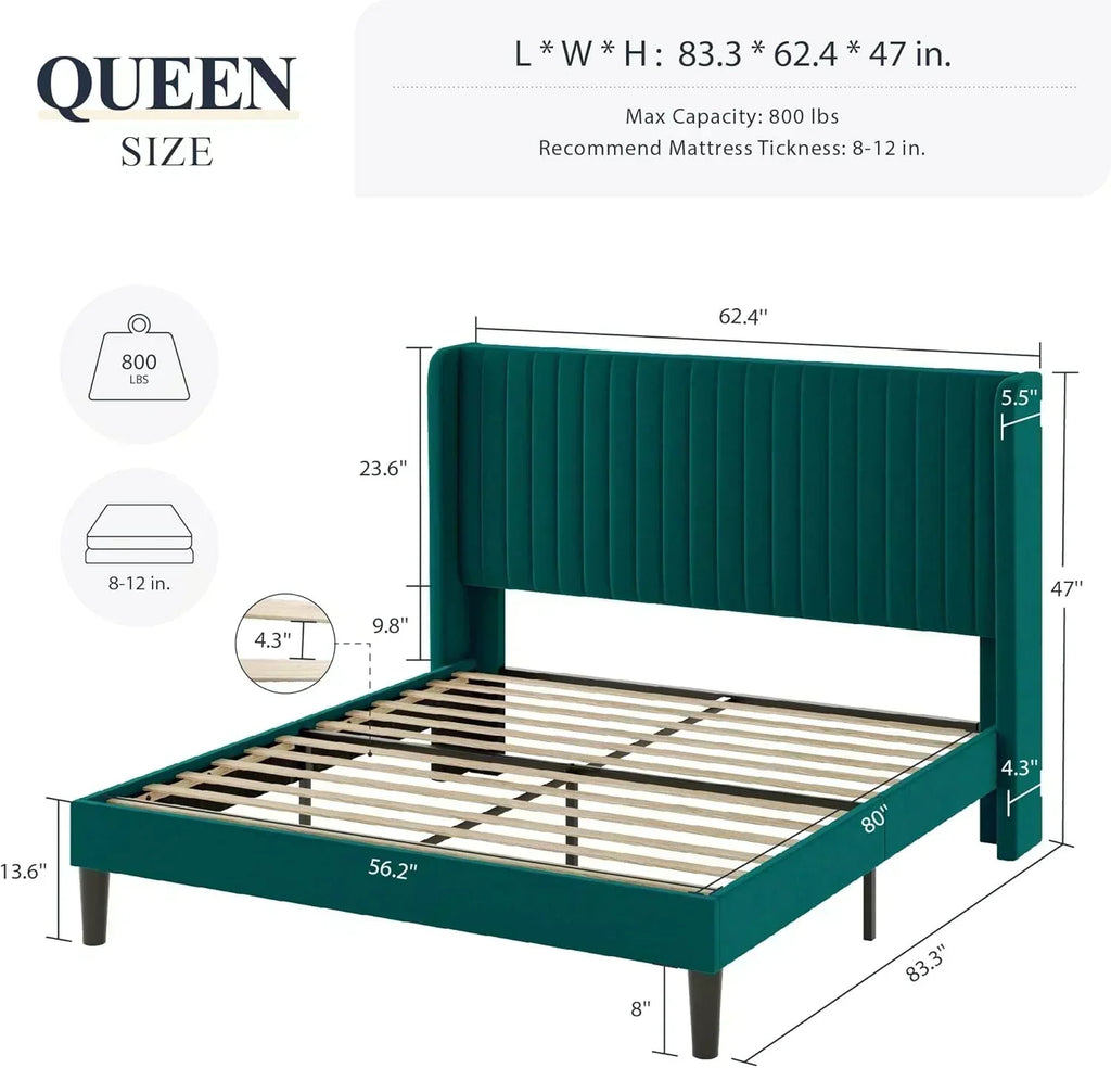 Allewie Full Size Velvet Bed Frame Vertical Channel Tufted Wingback Headboard Upholstered Bed wourant