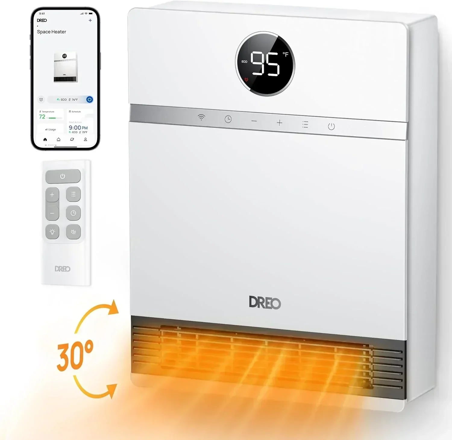 Smart wall-mounted heater for indoor use with adjustable thermostat and remote control wourant