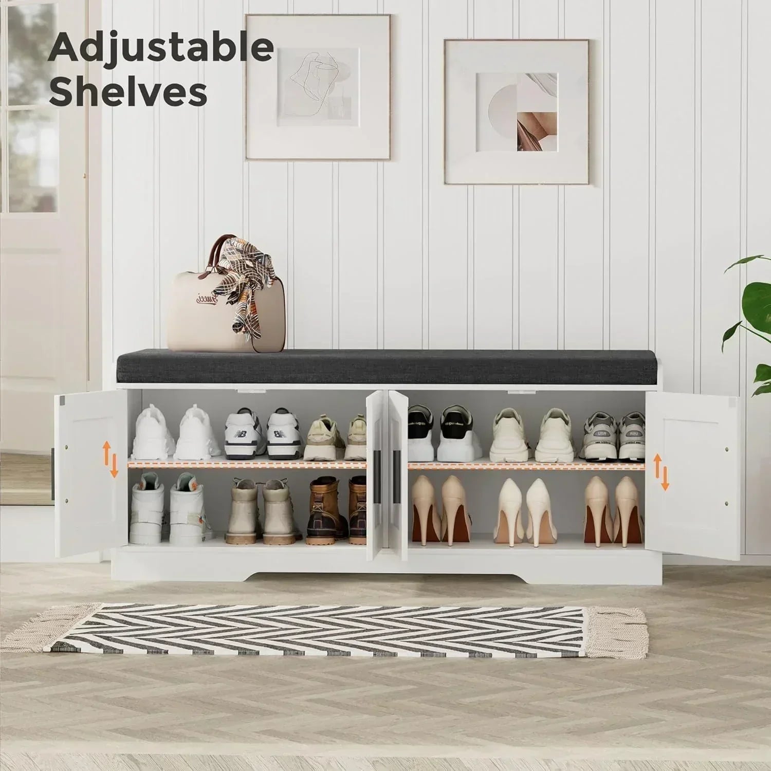 2-Tier Storage Bench Shoe Bench with Thickened Padded Seat Cushion Entryway Bench wourant