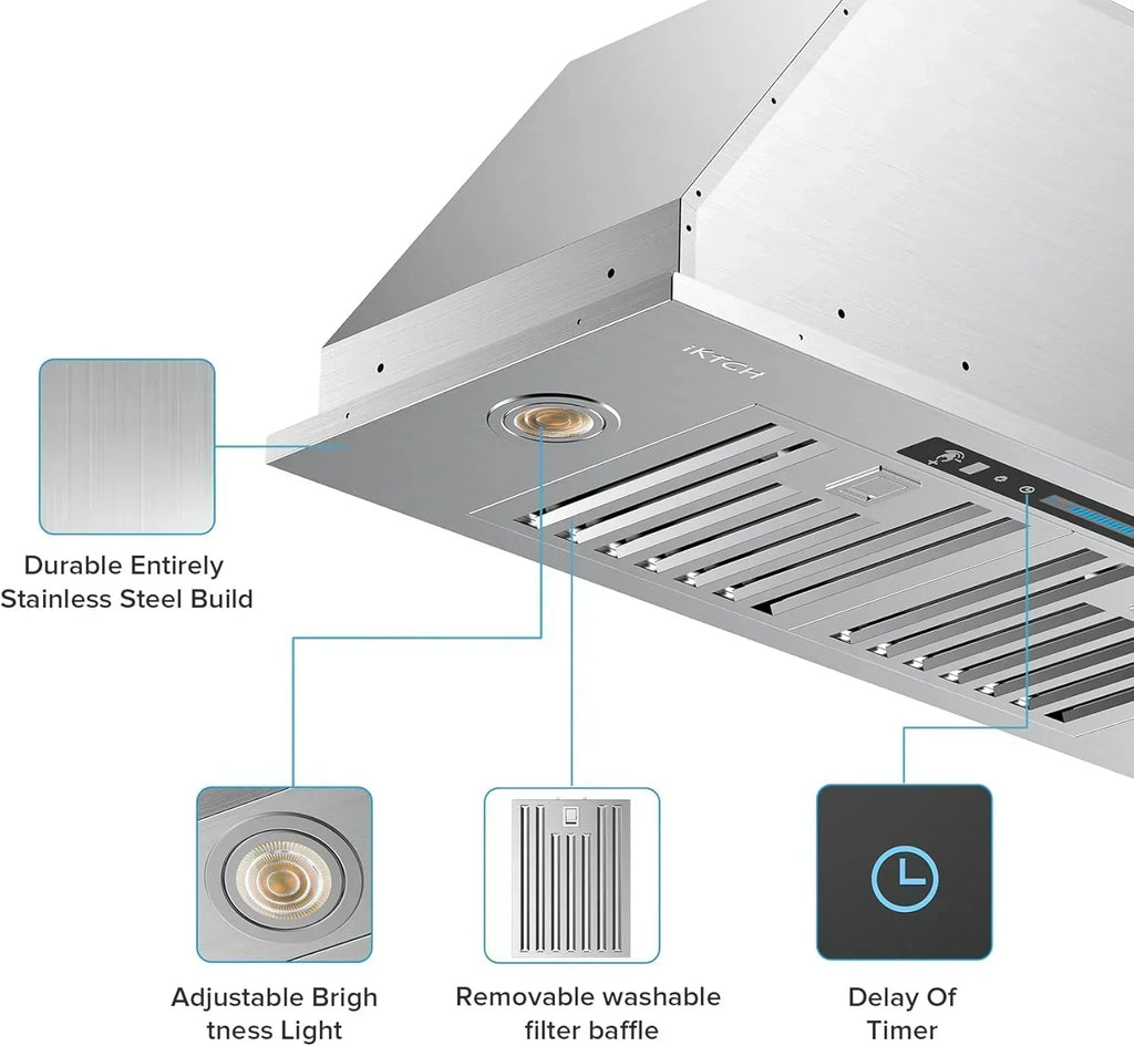 IKTCH 30" Built-in Plug-in Range Hood 900 CFM Stainless Steel Kitchen Range Hood wourant