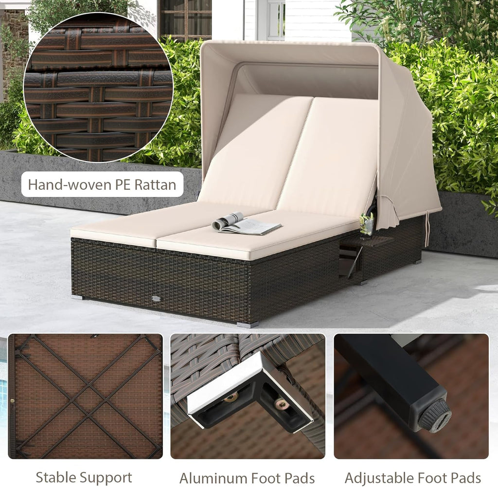 RELAX4LIFE Outdoor Daybed Retractable Canopy Wicker Double Chaise Lounge 6-Position Backrest wourant